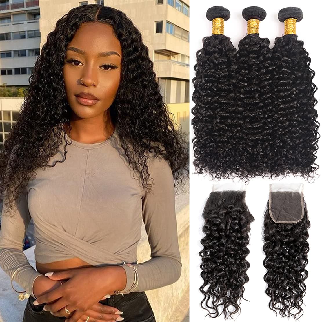 Vallbest Brazilian Water Wave 3 Bundles with Frontal Lace Closure 100% Unprocessed Virgin Human Hair Curly Wave Lace Frontal Closure with Bundles Remy Human Hair Weaves with Closures 4x4 Lace Front Human Hair