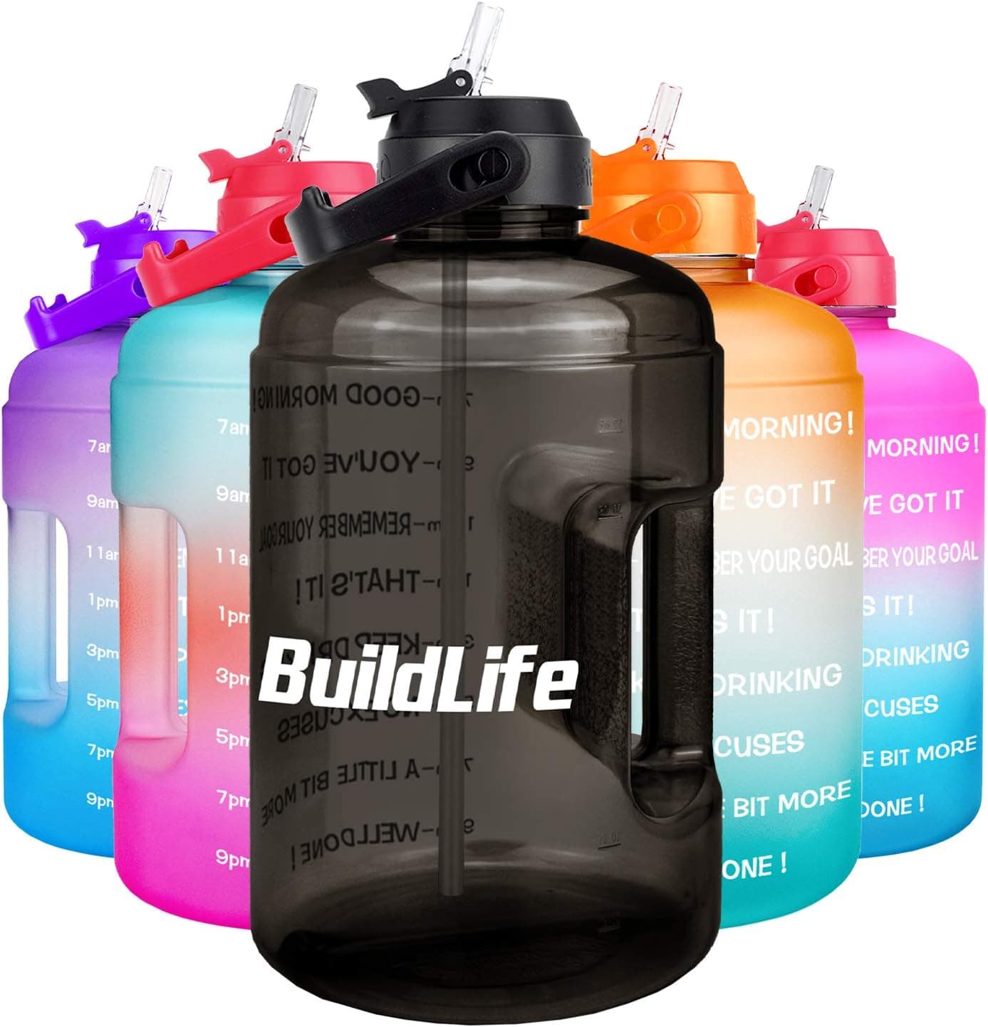BuildLife 1 Gallon Water Bottle -Leakproof Straw Lid BPA Free Water Jug with Motivational Time Marker & Phone Holder Handle to Remind You Drink Enough Water Throughout The Day for Goals