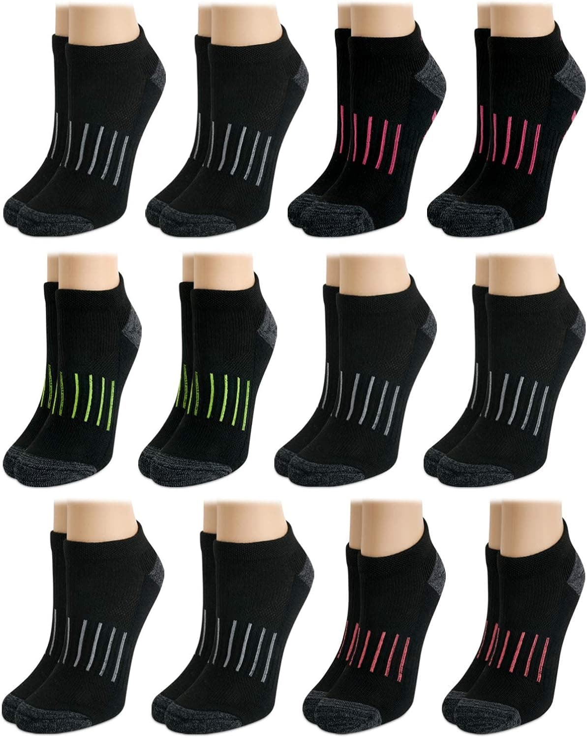 Avia Women?s Athletic Socks ? Pro Tech Cushion Low Cut Ankle Socks (12 pack), Size Shoe Size: 4-9, Black/Pink