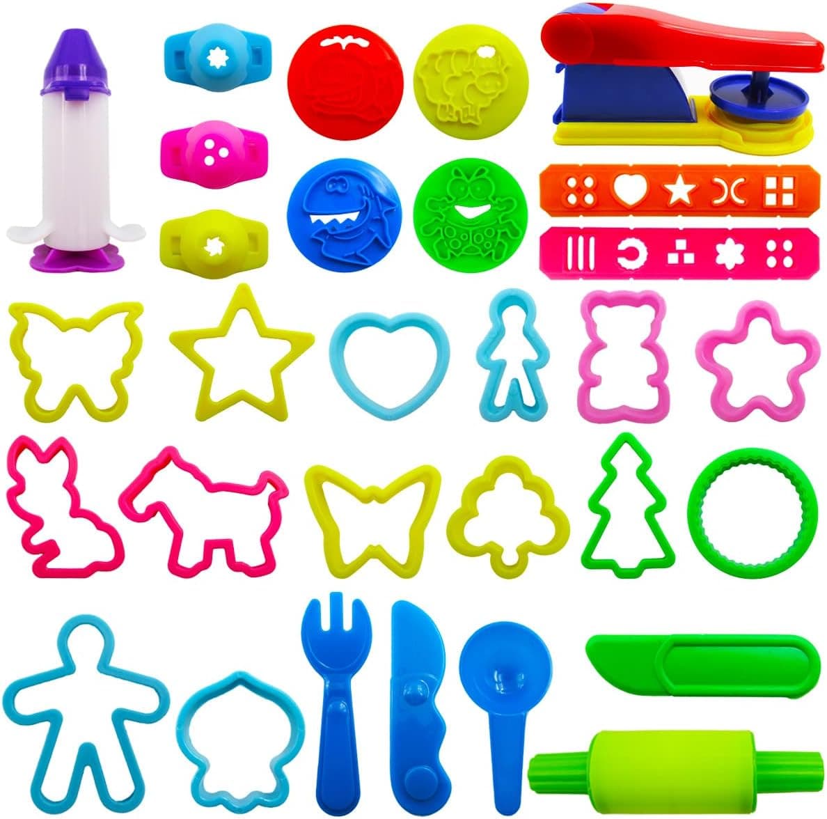 FRIMOONY Dough Tools Set for Kids, Various Plastic Cutter, Extruder, Rolling Pin for Party, 31 Pieces