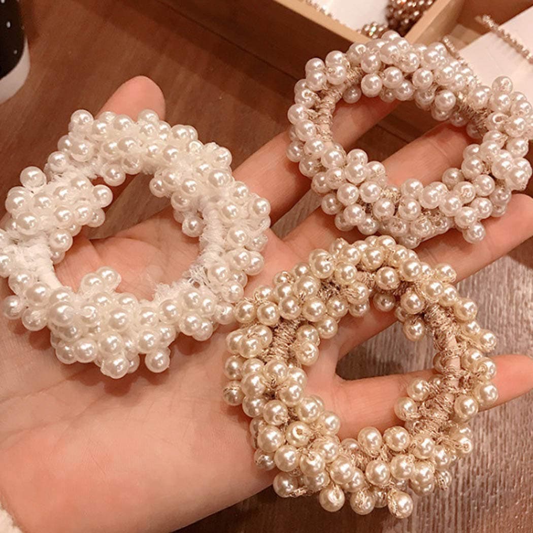 Bartosi Pearl Hair Ties White Weave Hair Scrunchies Stretch Hair Rope Accessories for Women and Girls (Pack of 3)