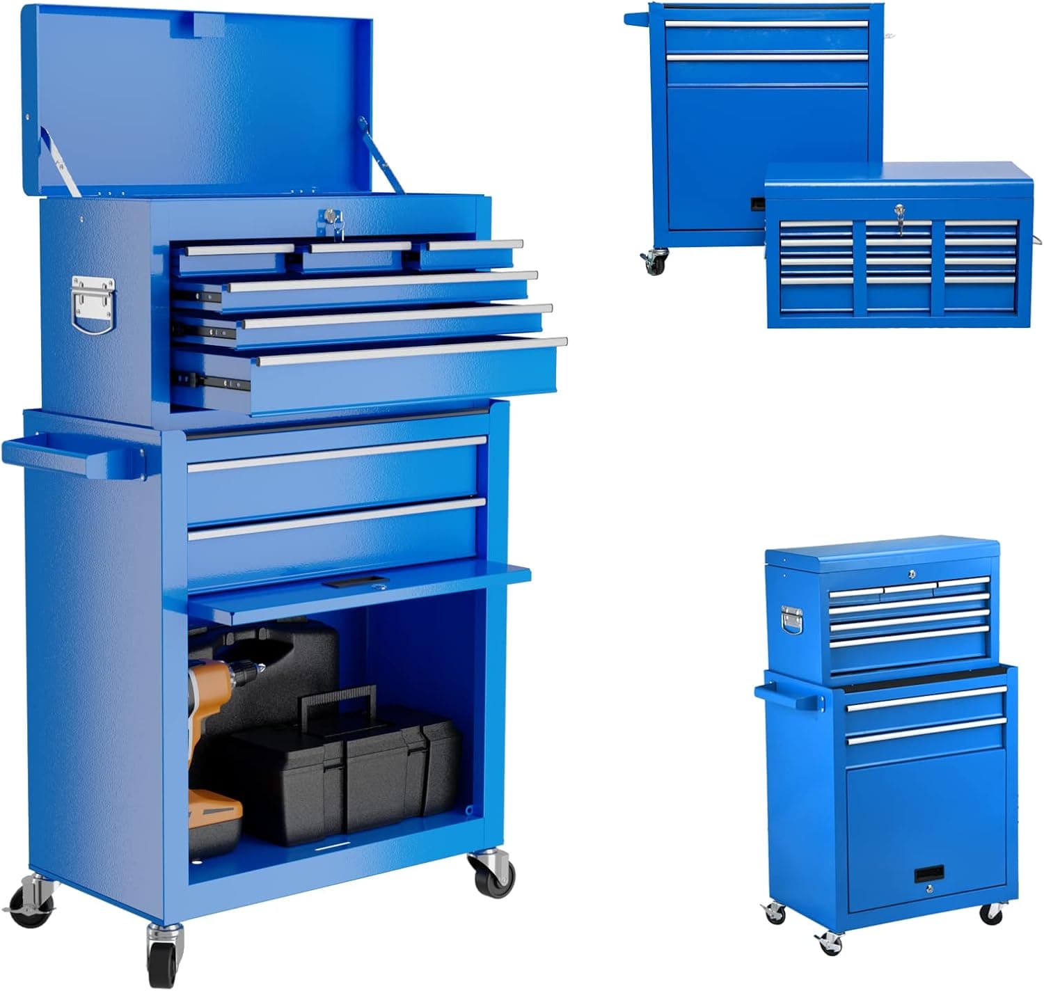 8-Drawers Rolling Tool Chest Tool Box with Wheels, 2-in-1 Detachable Tool Storage with Large Cabinet and Sliding Drawers, Removable Tool Box Organizer with Lockable for Garage, Workstation (Blue)