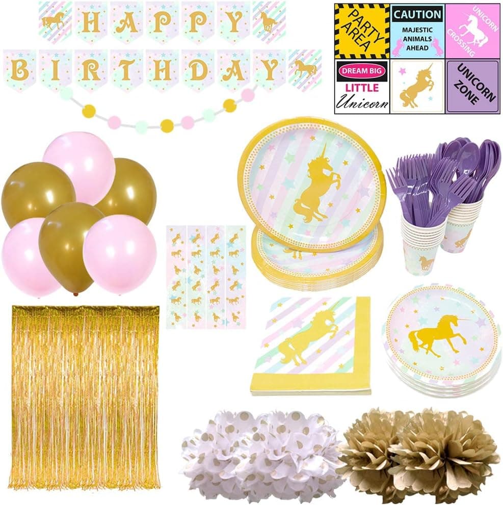Golden Unicorn Ultimate Party Supplies Pack (165+ Pieces for 16 Guests), Unicorn Party Supplies, Unicorn Decorations, Unicorn Tableware
