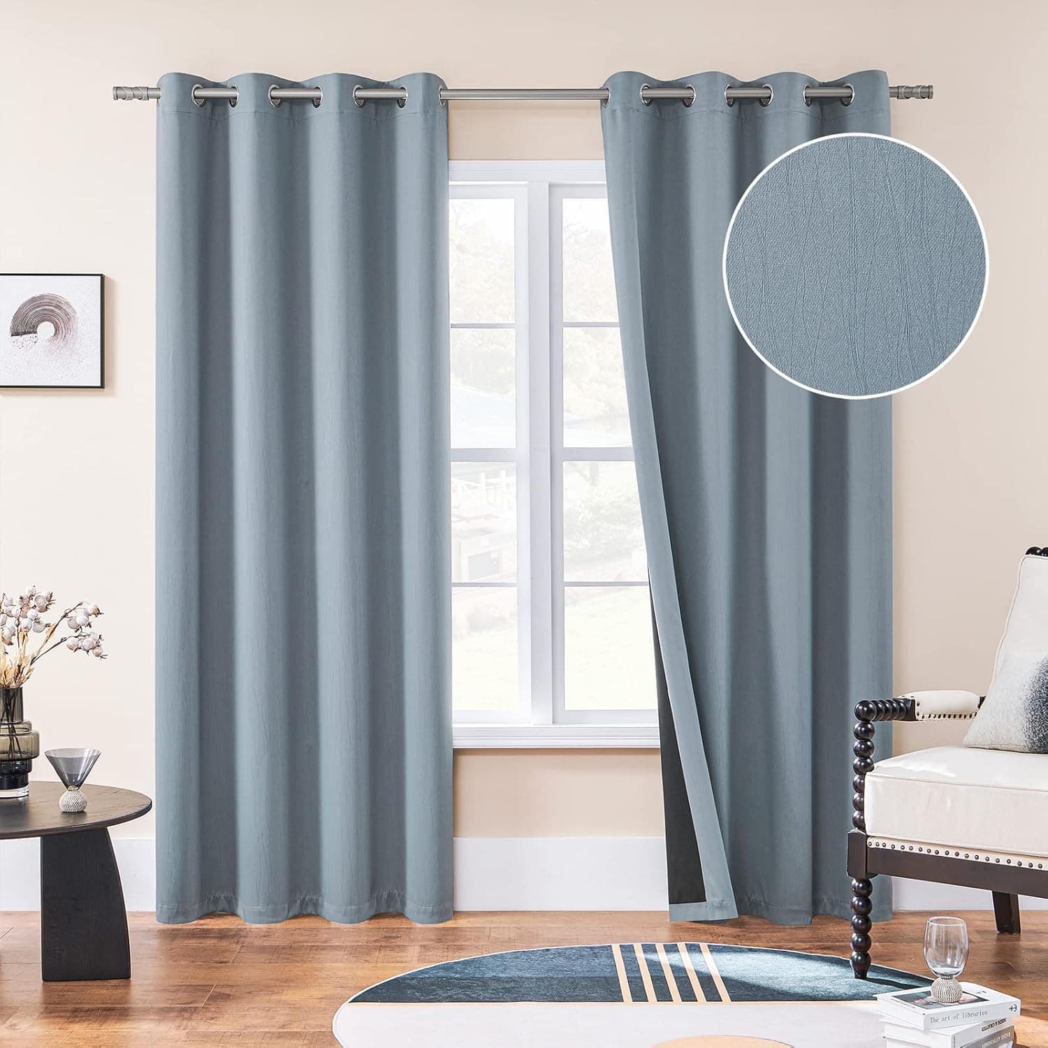 Topfinel 100% Blackout Curtains 108 Inches Long 2 Panels, Blue Window Treatments Embossing Texture Grommet Drapes Thermal Insulated Noise Reducing Sliding Glass Door Doorway Divider Blue 50x108