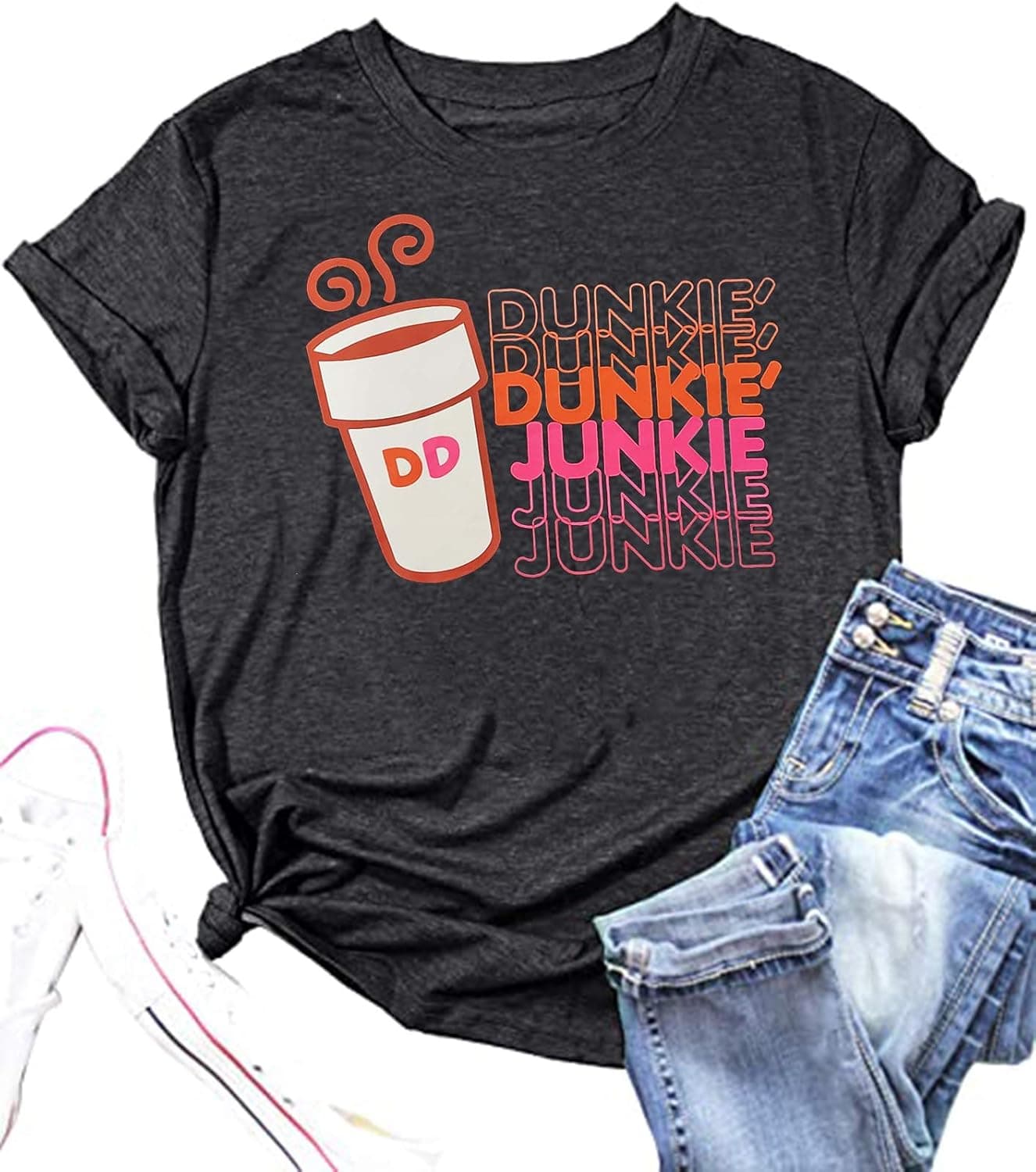 Coffee Shirt for Women Dunkie Junkie T Shirts Funny Letter Print Short Sleeve Casual Tee Tops