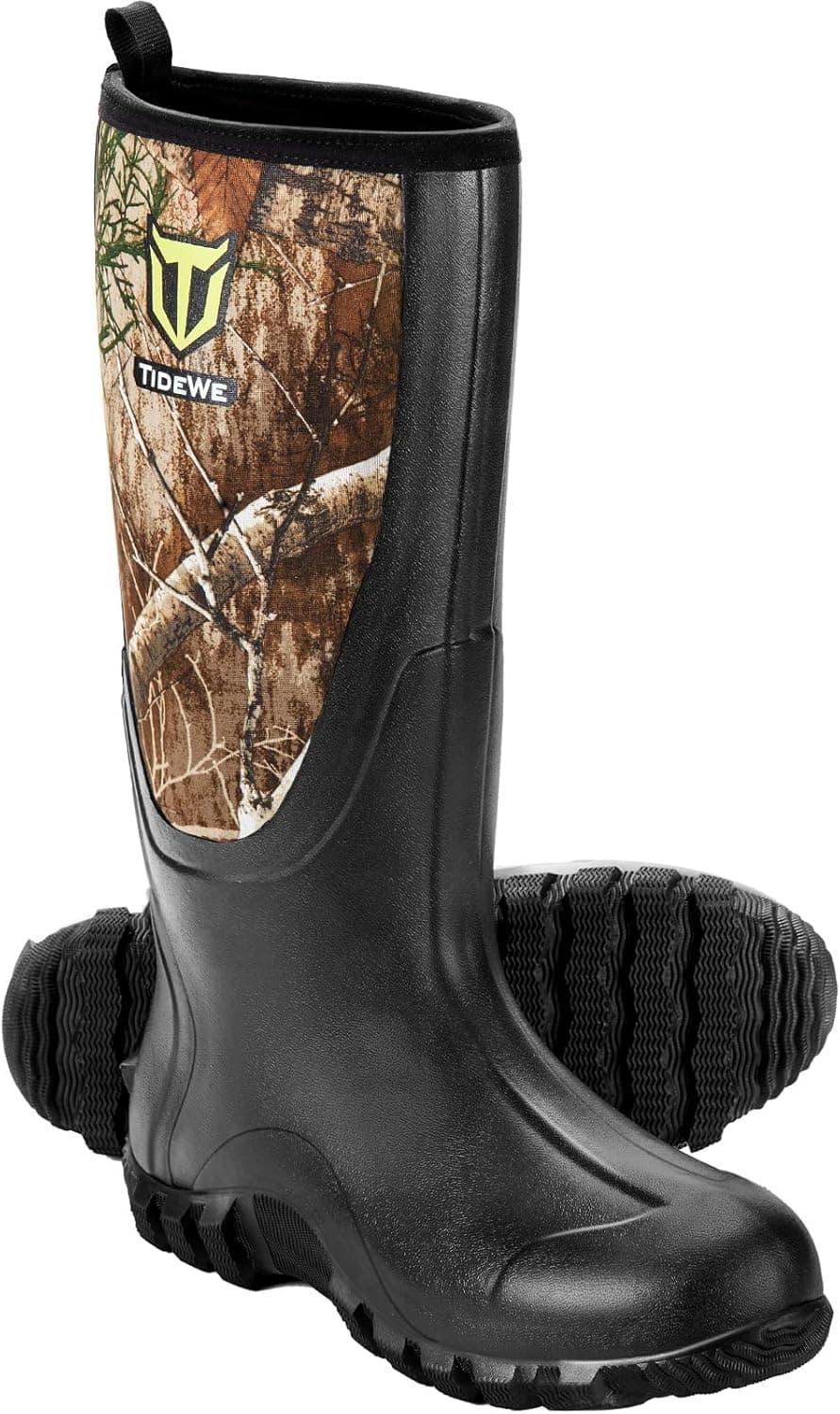 TIDEWE Rubber Boots for Men Multi-Season, Waterproof Rain Boots with Steel Shank, 6mm Neoprene Durable Rubber Outdoor Hunting Boots (Black, Brown & Realtree Edge Camo)