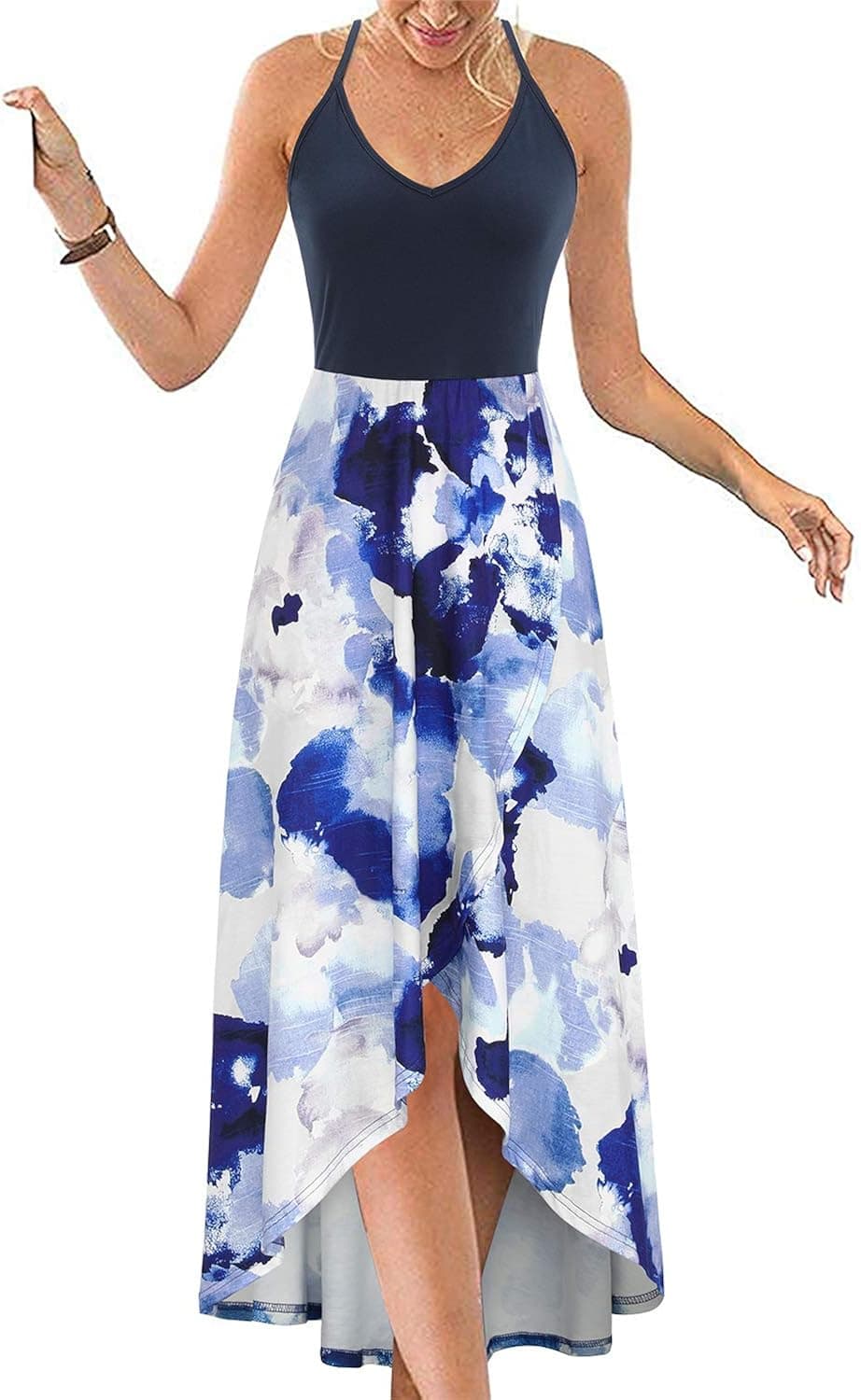 KILIG Women's V Neck Sleeveless Casual Asymmetrical Patchwork Floral Maxi Dresses