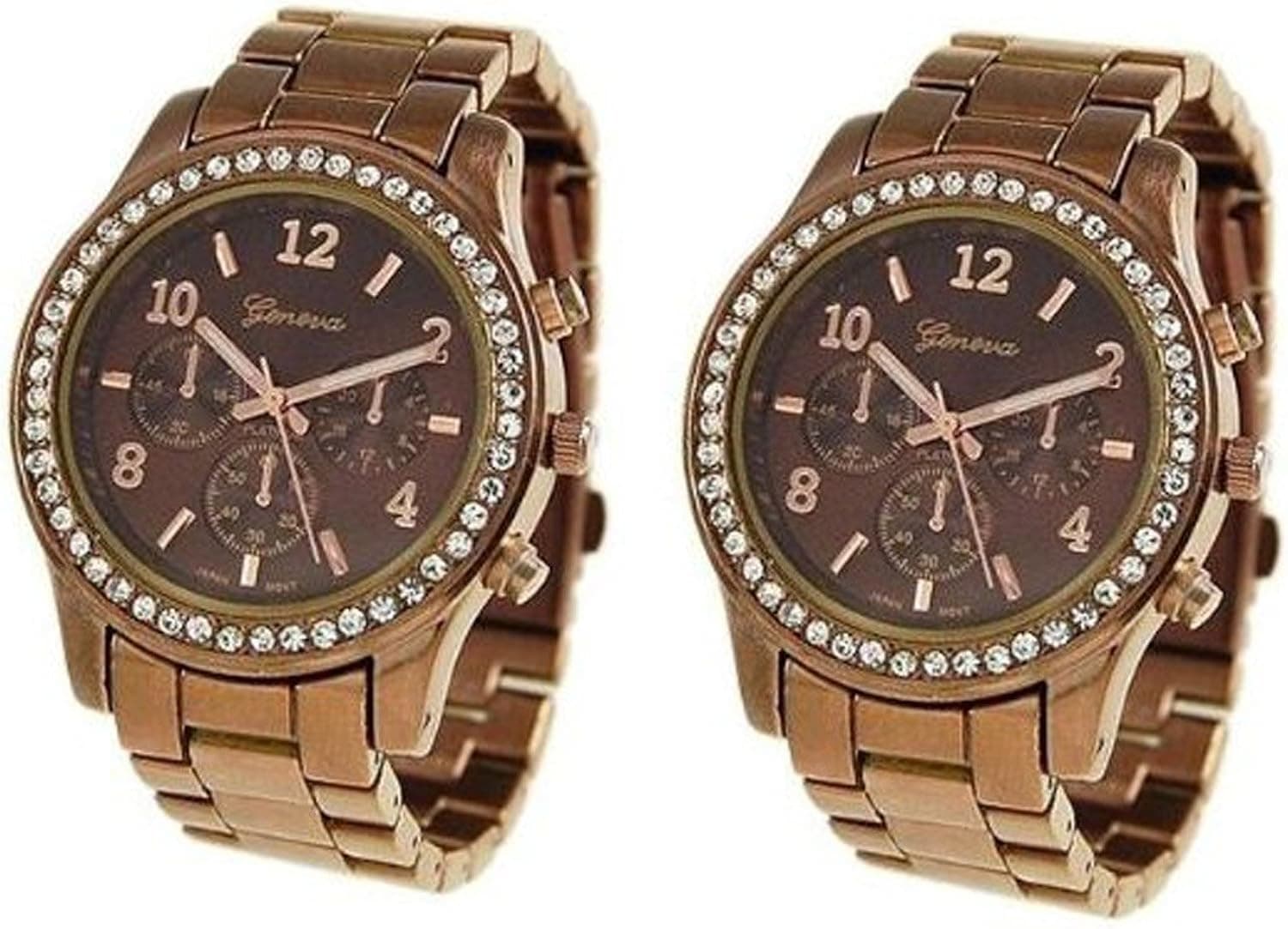 2 PACK Chocolate Geneva Crystal Rhinestone Chronograph Watch with Metal Link Band