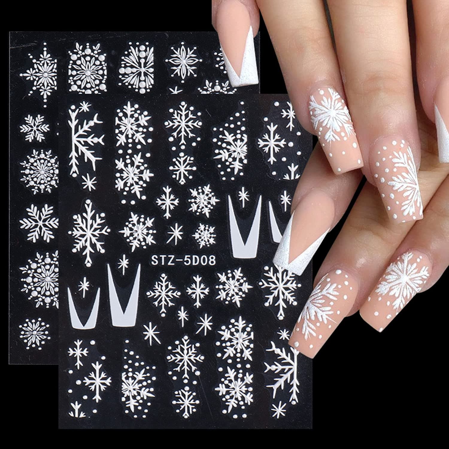 5D Stereoscopic Embossed Snowflake Nail Art Stickers Christmas Nail Decals Nail Art Supplies Nail Designs for Women DIY Acrylic Nail Decorations Supplies White Flower French Nail Manicure Tip