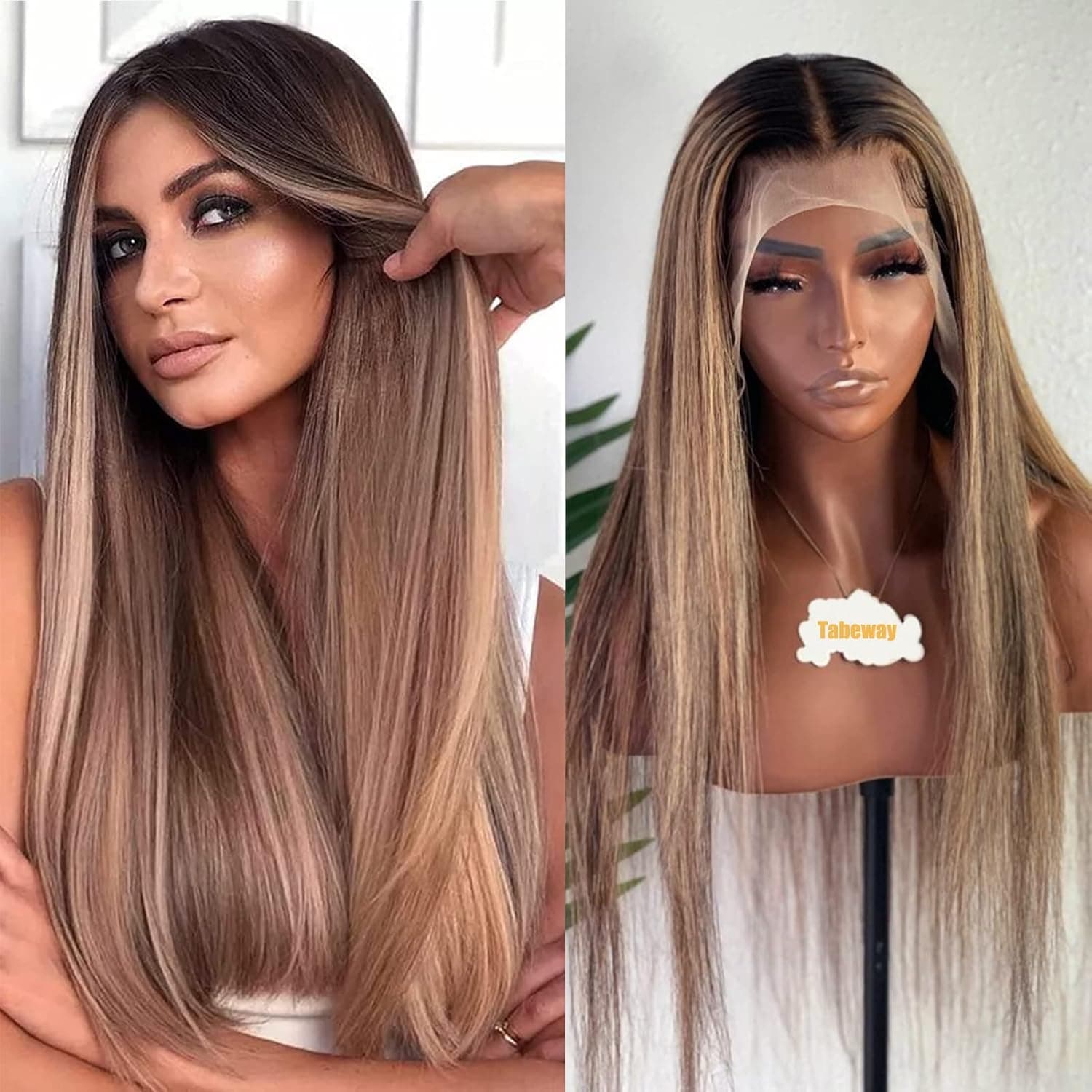 TaBeWay Ombre Highlight Synthetic Lace Front Wigs Long Straight Black Roots Omber Brown Mixed Blonde Synthetic Lace Front Wig for Fashion Women