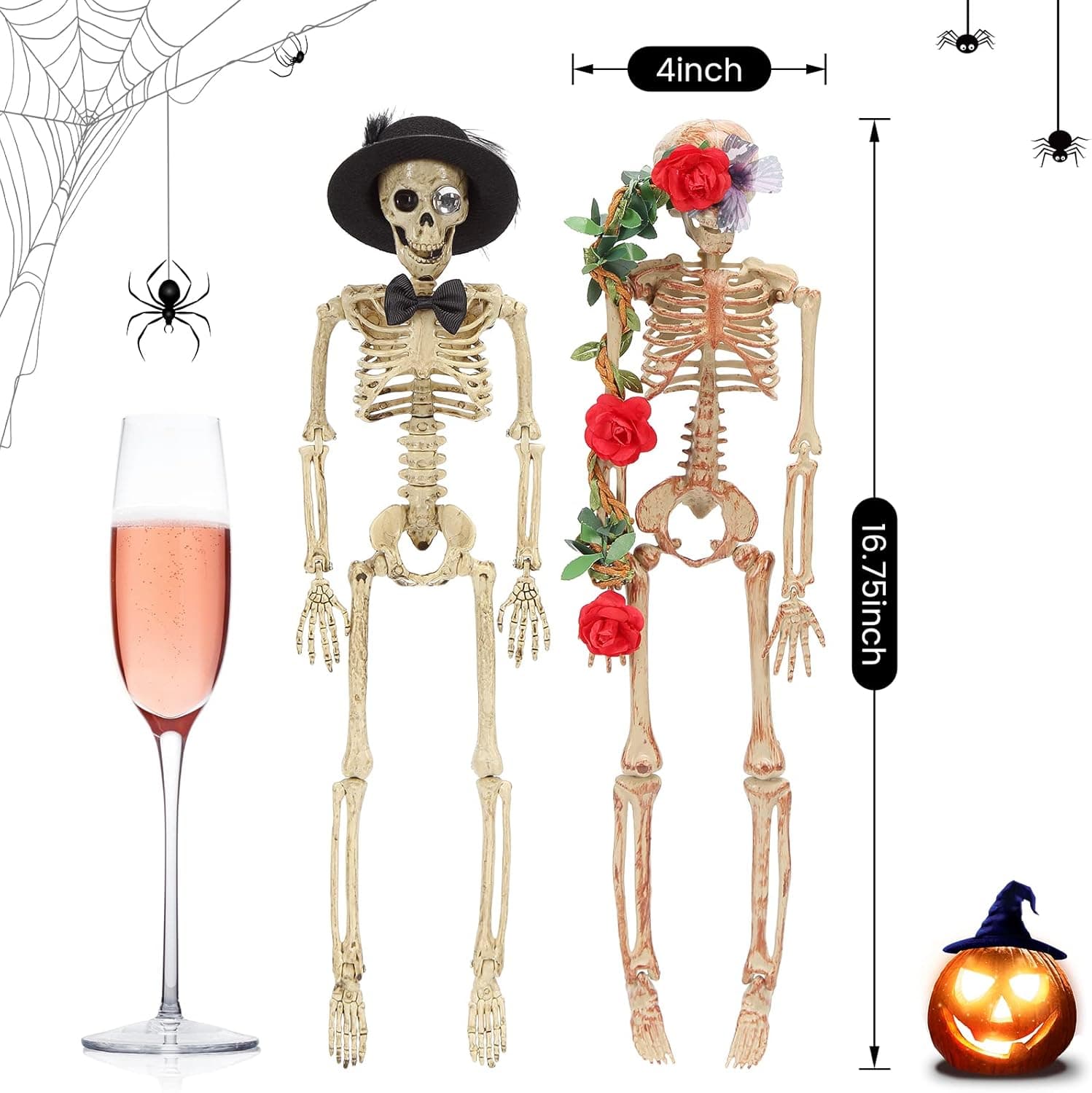 2 PCS Halloween Skeletons Decoration, 16'' Hanging Skeleton Full Body Posable Joints, Bride and Groom Skeletons for Halloween Decorations Haunted House Graveyard Indoor