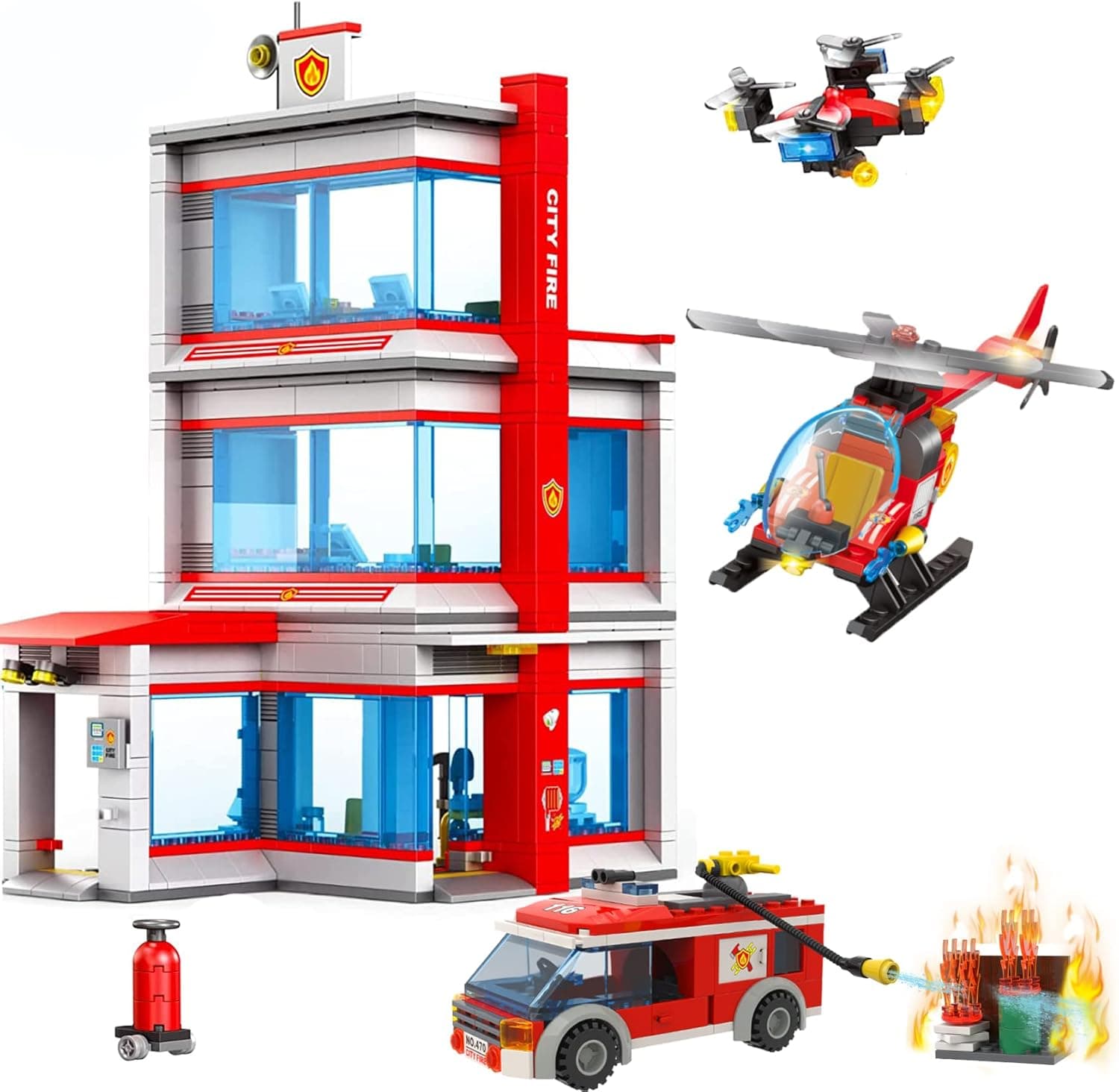 EP EXERCISE N PLAY City Fire Station Building Block,with fire Truck Helicopter fire Sets (739 Pieces)
