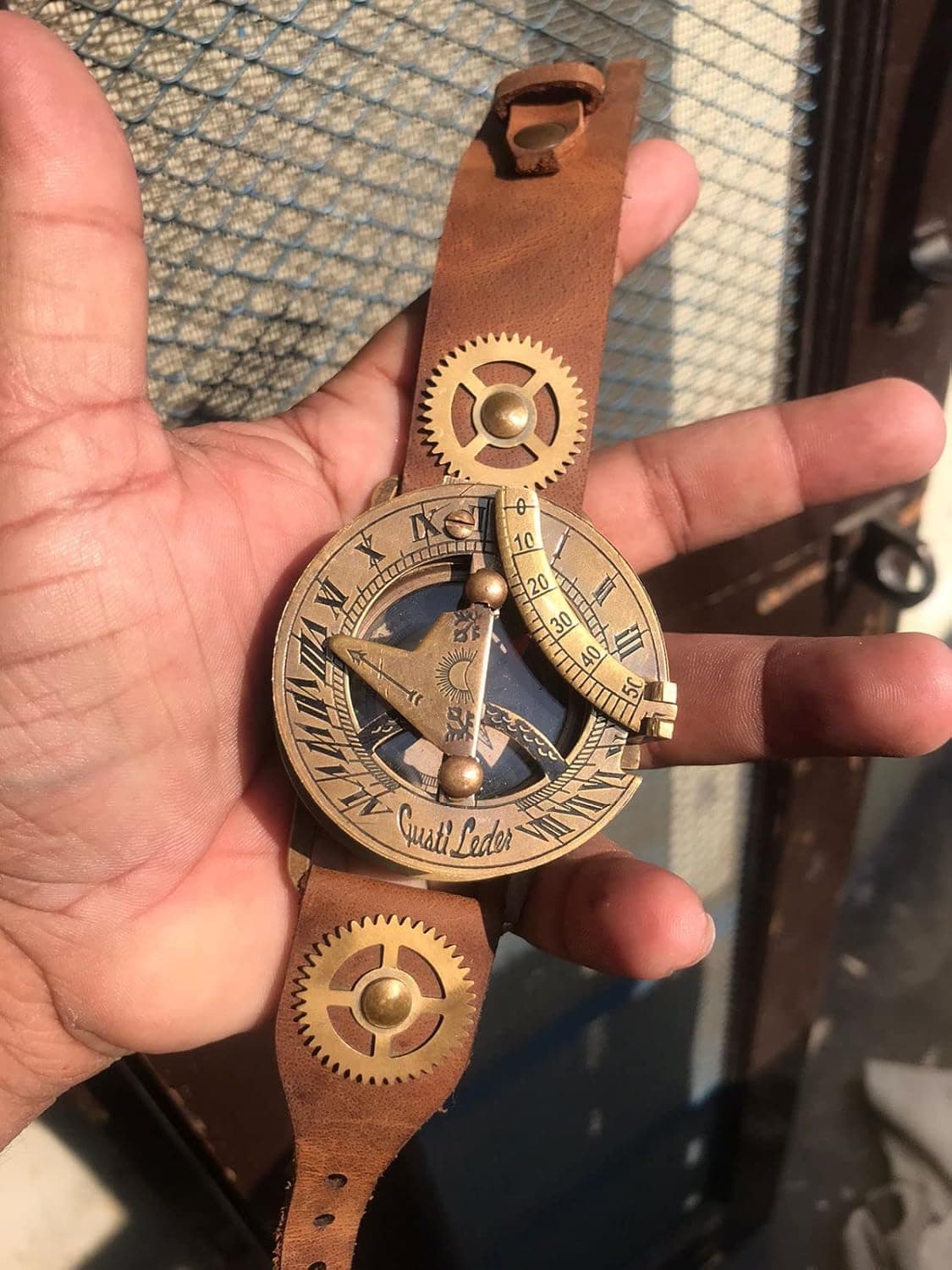 Calvin Handicrafts ® Handmade Brass Gusti, Leather Bracelet with Steampunk Watch Nautical Brass Sundial Compass Wrist Watch Working Sundial Compass Adult Compass