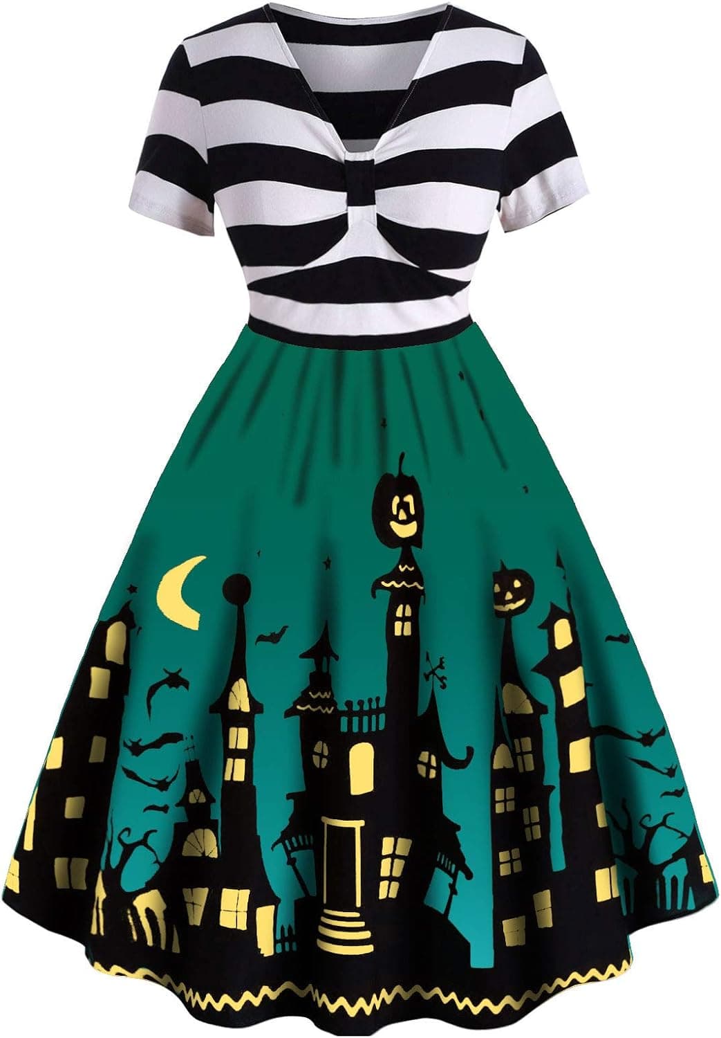 CHARMMA Women's Plus Size Halloween Dress Pumpkin Costume Flared Dresses Vintage Bat Print Dress A Line Dress