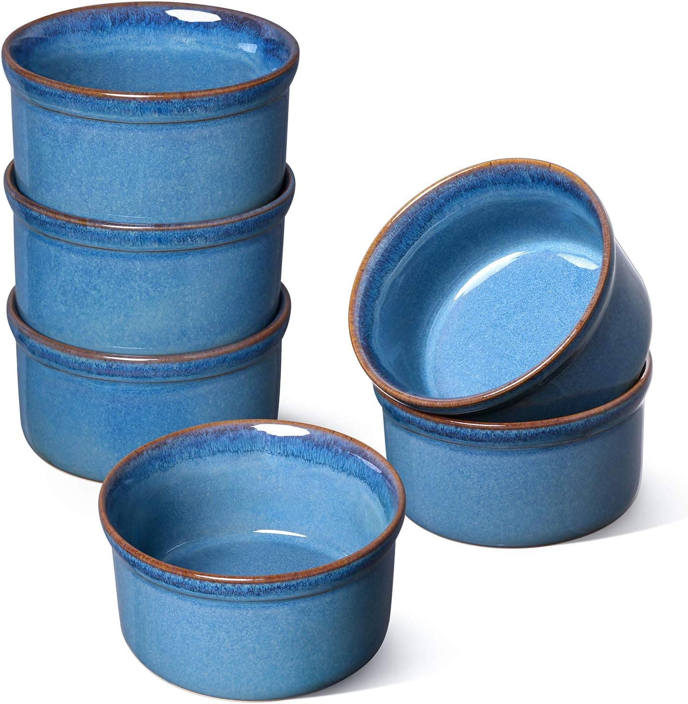 LE TAUCI Ramekins 6 oz, Ceramic Souffle Dishes, Ramekin for Creme Brulee, Lava Cakes, Pudding, Custard Cups, Souffle, Pot Pie, Dip Sauce -3.8 inch, Set of 6, Ceylon Blue