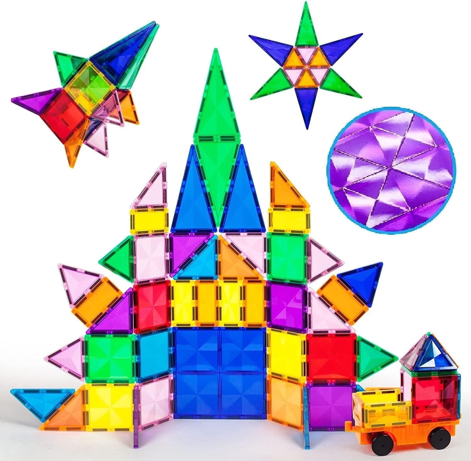 PicassoTiles 80 Piece Magnetic Building Block Construction Toy Set Diamond Magnet Tile Blocks with Car Truck STEM Learning Kit Early Education Builder Playset Toys for Children Toddler Boy Girl Age 3+
