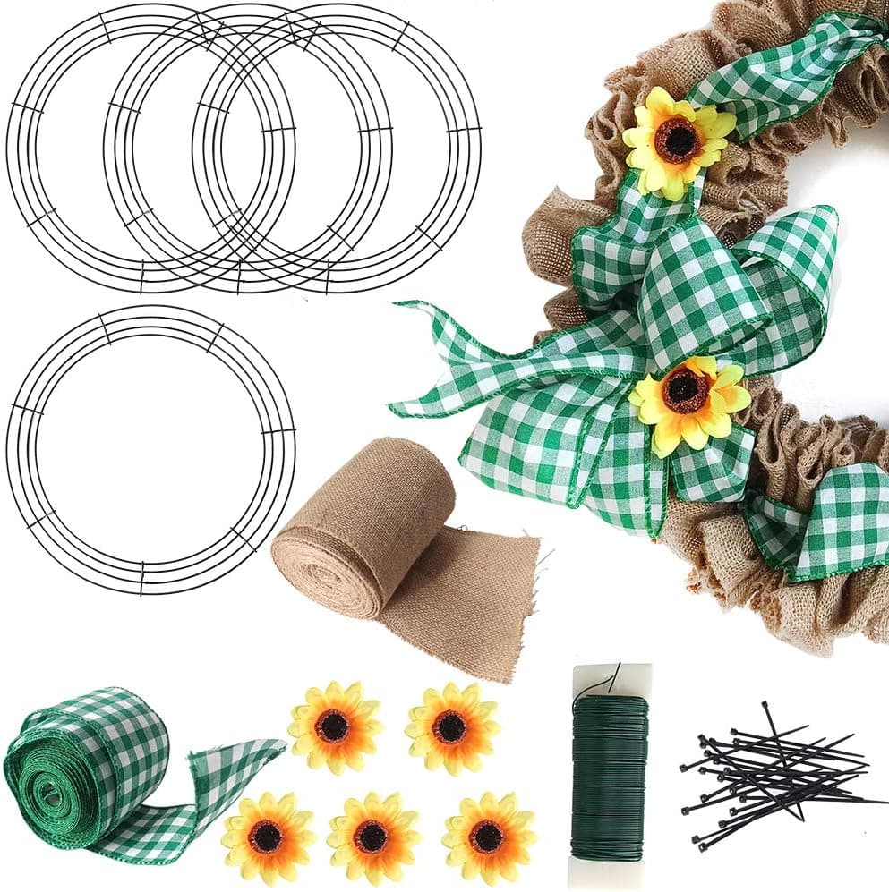 4 Pack Wire Wreath Frame 14 Inch Wreath Form Wreath Ring for DIY Crafts with 8.7 Yard Wide Burlap,6 Yrad Green Ribbons,Green Flexible Paddle Wire,Zipties 30pcs,Sunflowers 5pcs Wreath Making Kit