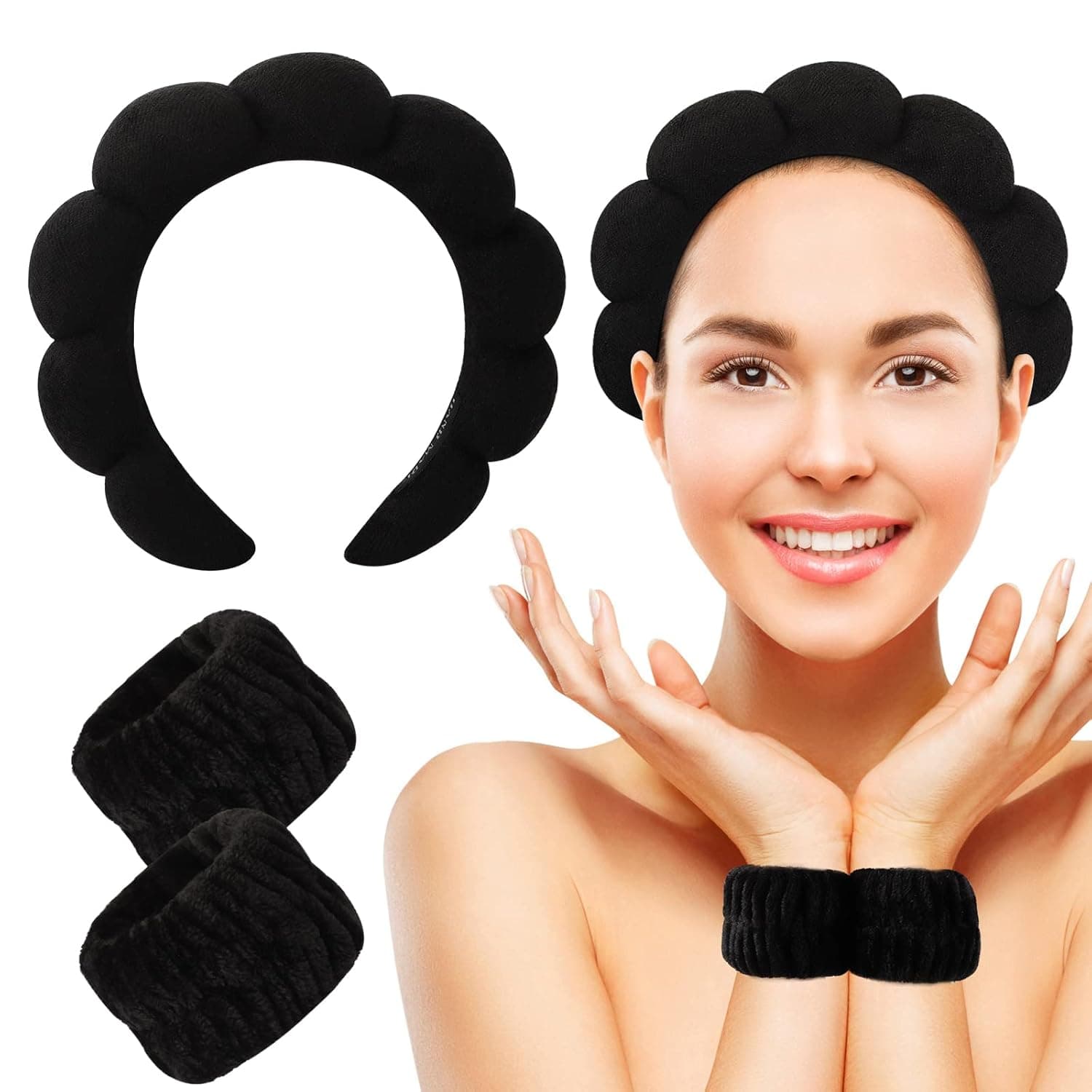 3 Pack Makeup Headband for Washing Face, Terry Cloth Spa Headband, Skincare Headbands, Spa Headband and Wristband Set for Washing Face, Skincare, Makeup Removal, Hair Accessories (Black)