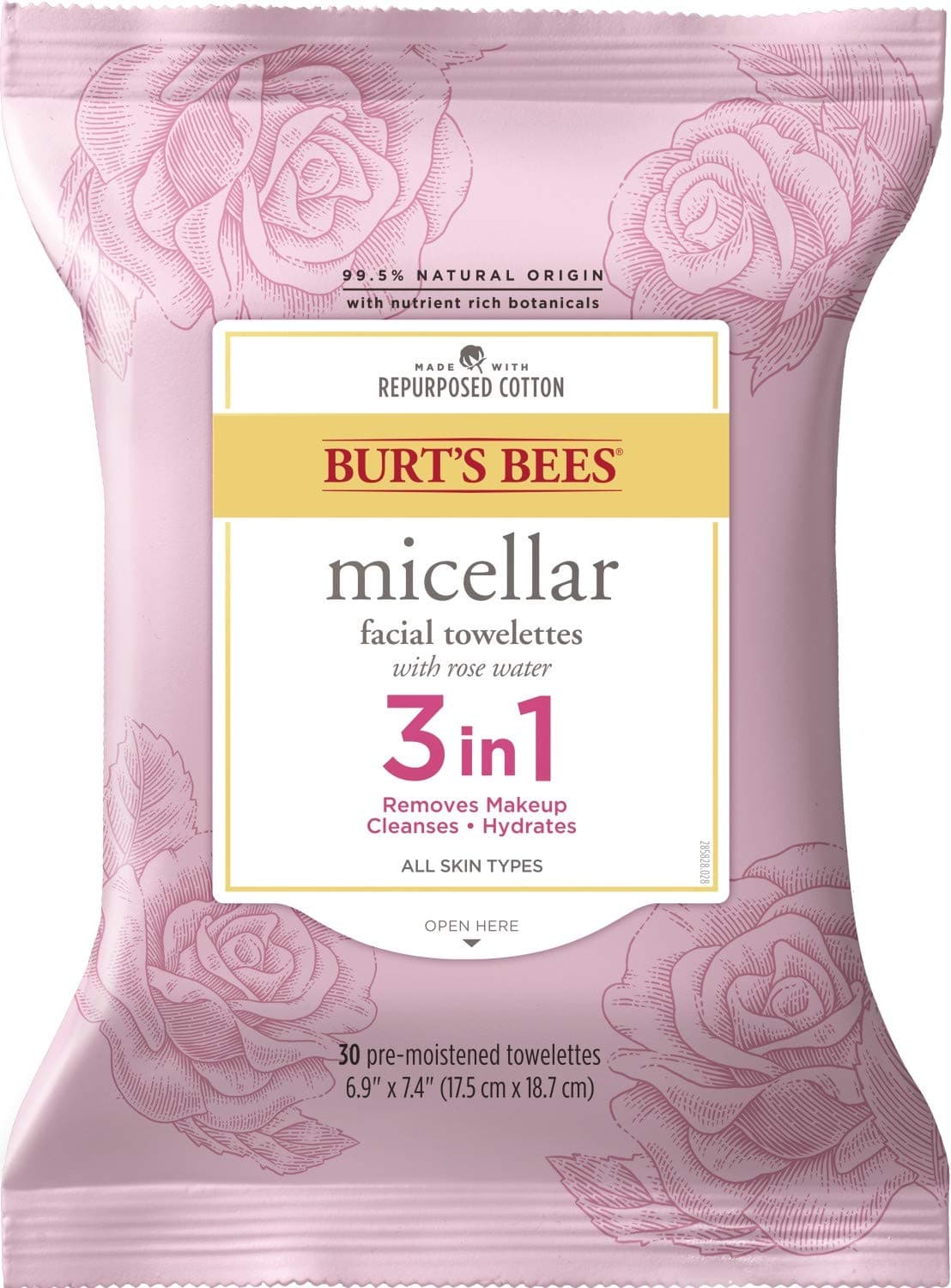 Face Wipes, Burt's Bees Facial Cleansing, Makeup Remover Towelettes with Rose Water, 3 in 1 Hydrating Micellar Cleanser, 30 Count