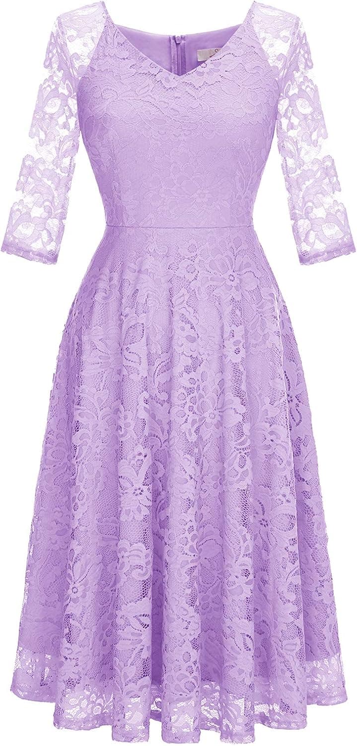 Dressystar Long-Sleeve A-Line Lace Bridesmaid Dress Midi for Wedding Formal Party