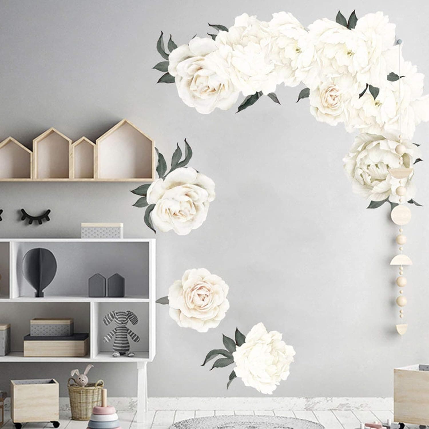 Flowers Wall Decals White Peony Wall Stickers for Bedroom, Watercolor Peonies Floral Wall Murals Delicate Blossom Art Applique Decorations for Living Room Girls Room