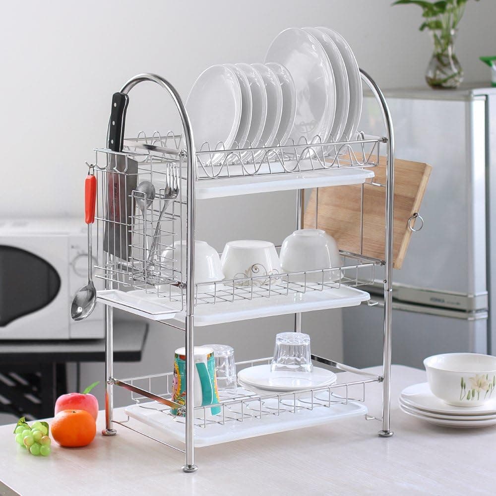 NEX Dish Rack Stainless Steel Three-Tier Draining Rack Rustless Storage Rack with Chopsticks Holder(D011)