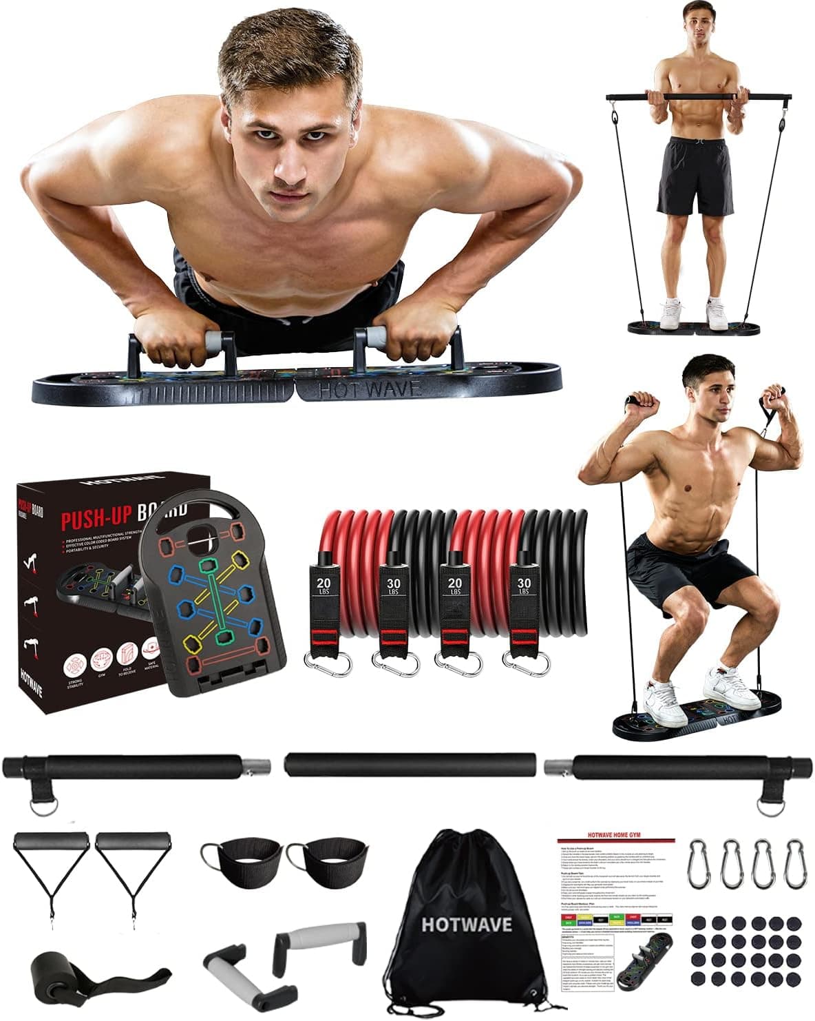 HOTWAVE Workout Equipment with 15 Gym Accessories.20 in 1 Push Up Board Fitness ,Portable Pushups Bar with Resistance Band. Strength Training for Man
