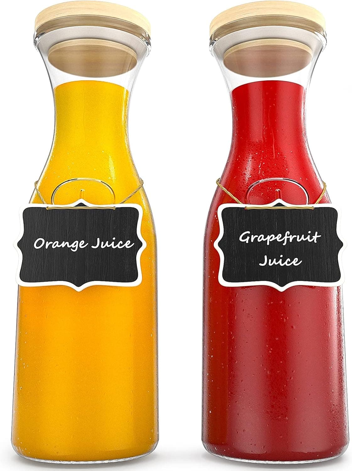 2 Pack Glass Water Carafe Pitchers with Lid and Tag, 1 Liter Iced Tea Beverage Pitcher Set, Milk Juice Container for Refrigerator, Glass Juice Pitcher for Lemonade Drink Brunch Decor Mimosa Bar Party