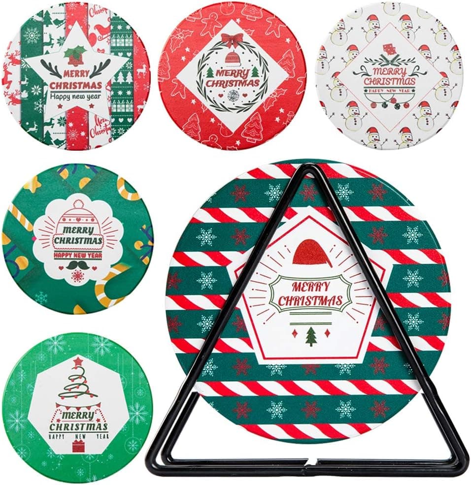 JETM•HH Ceramic Coasters with Holder, 6 Pcs Round Christmas Coasters for Drinks, Heat-Resistant Durable Cork Bottom, Funny Housewarming, Birthdays, Christmas, Anniversaries, Party Gifts