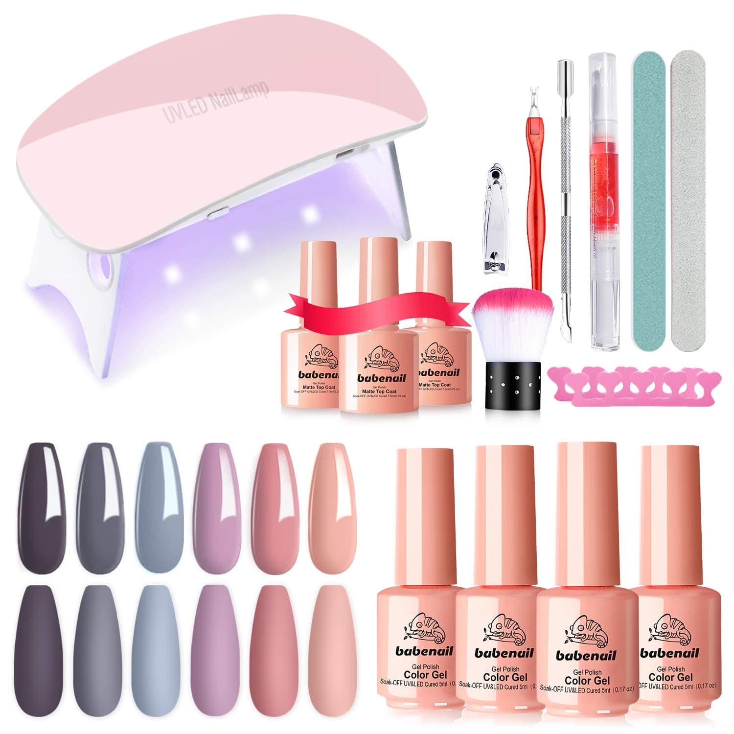 Gel Nail Polish Starter Kit - BabeNail 6 Colors Nude Grey Collection Gel Polish Set 3 Base Top Coat Soak Off UV LED Gel Nail Polish Set 6W UV/LED Nail Lamp DIY Manicure Nail Art Kit