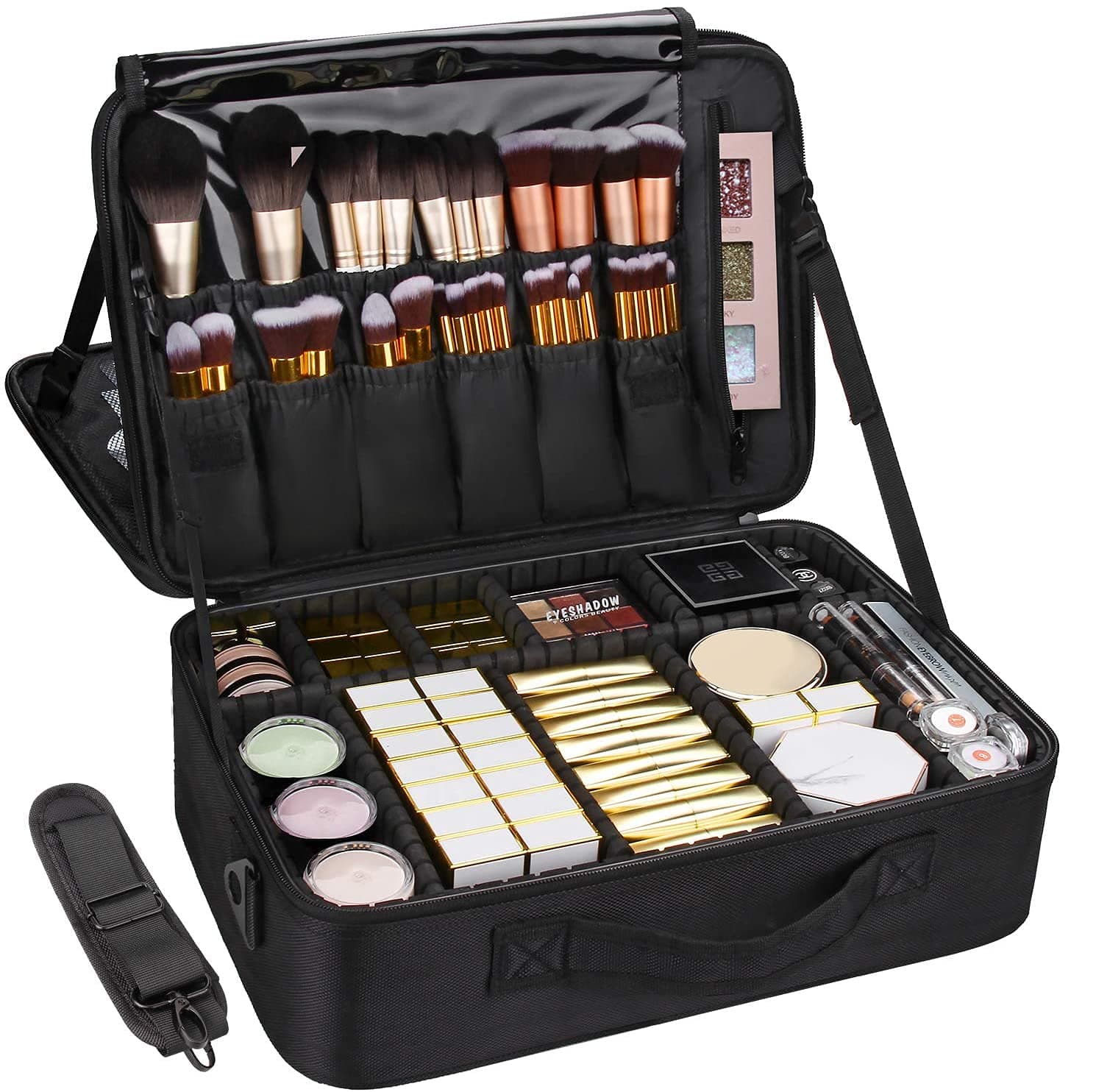 MONSTINA Cosmetic Bags 3 Layer Cosmetic Organizer Makeup Case Beauty Artist Storage Brush Box with Shoulder Strap (Large Black)