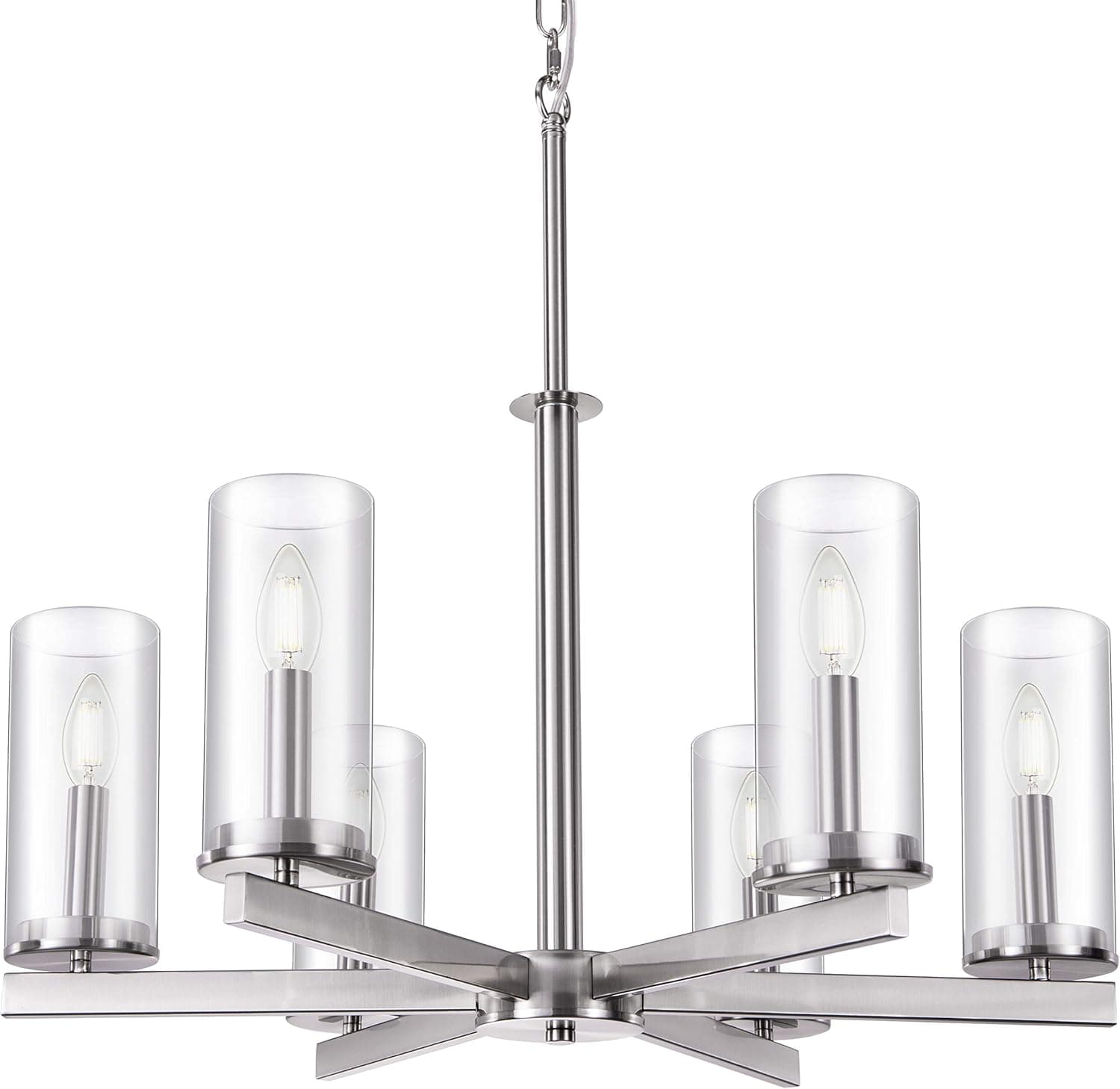 Wellmet Modern Contemporary Chandelier 6 Light, Large Glass Shades Dining Room Lighting Fixtures Hanging Adjustable Ceiling Pendant Light for Kitchen Bedroom, Nickel Finished, 26" Dia