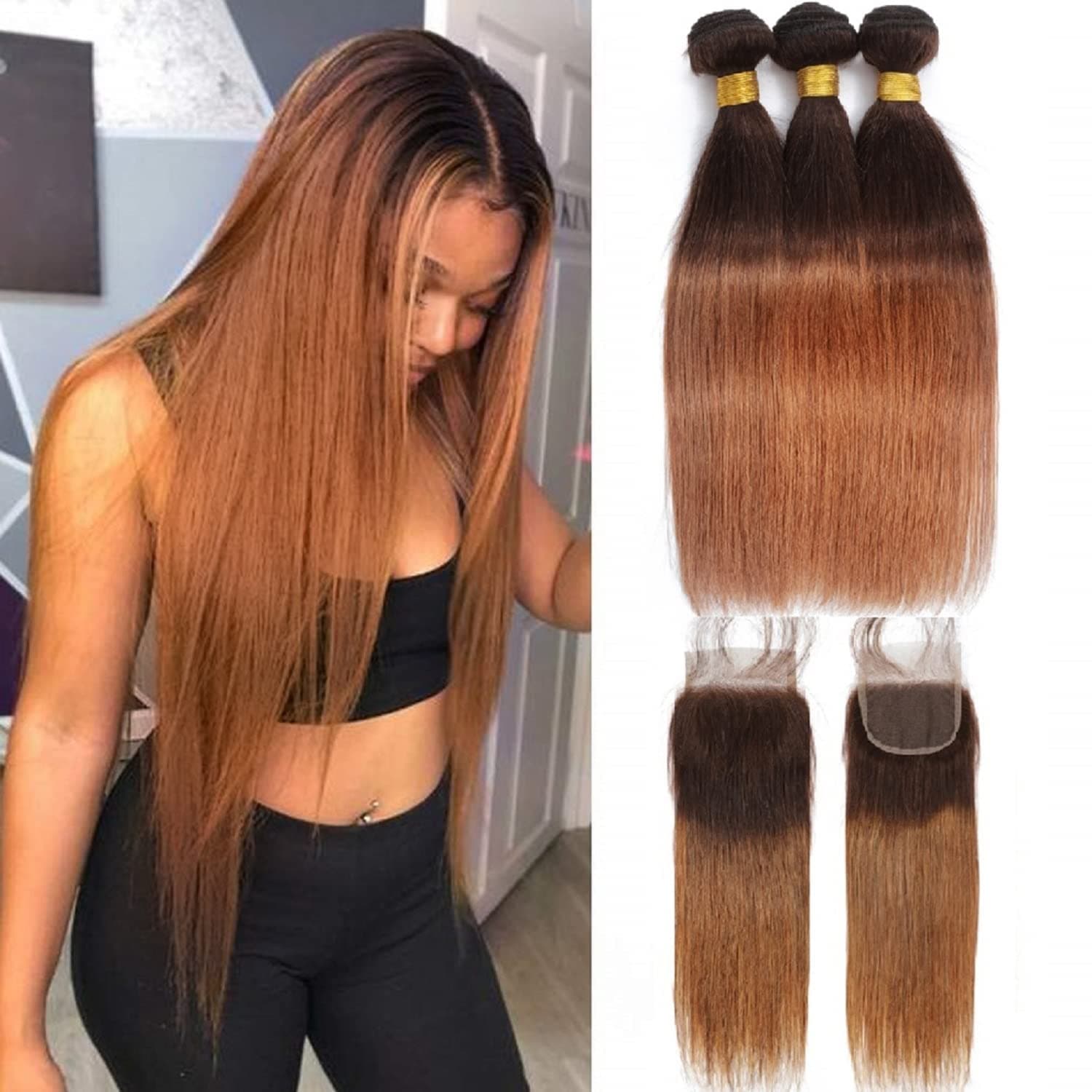 Ombre Straight Hair Bundles With Closure 10A Brazilian Virgin Remy Human Hair 2 Tone T4/30 Ombre Straight Human Hair Bundles with 4x4 Lace Closure Free Part (16 18 20 +14)