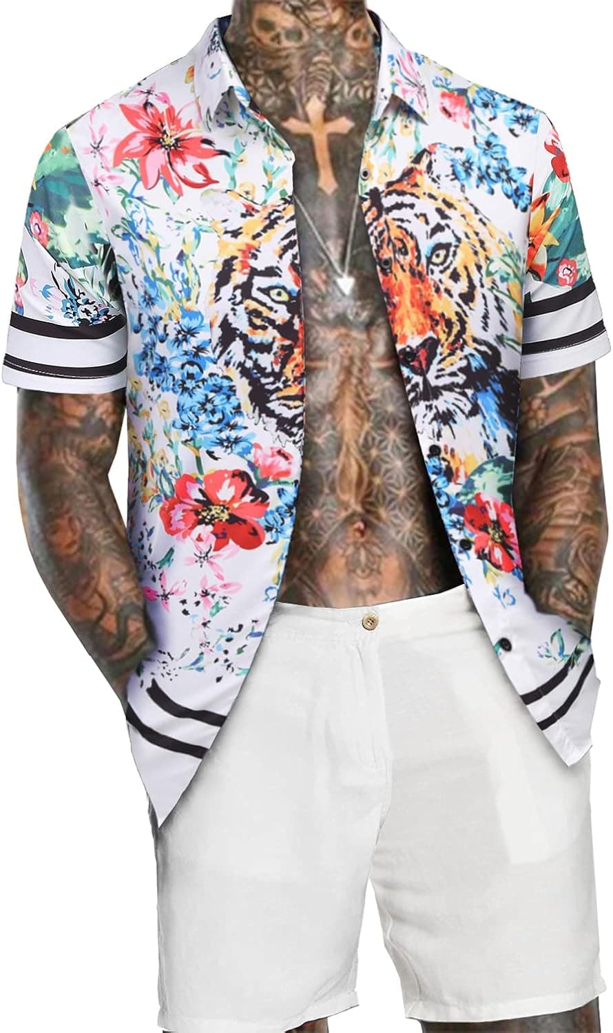 URRU Men's Casual Tiger Floral Printed Hawaiian Shirts Short Sleeve Button Down Aloha Summer Tops White L