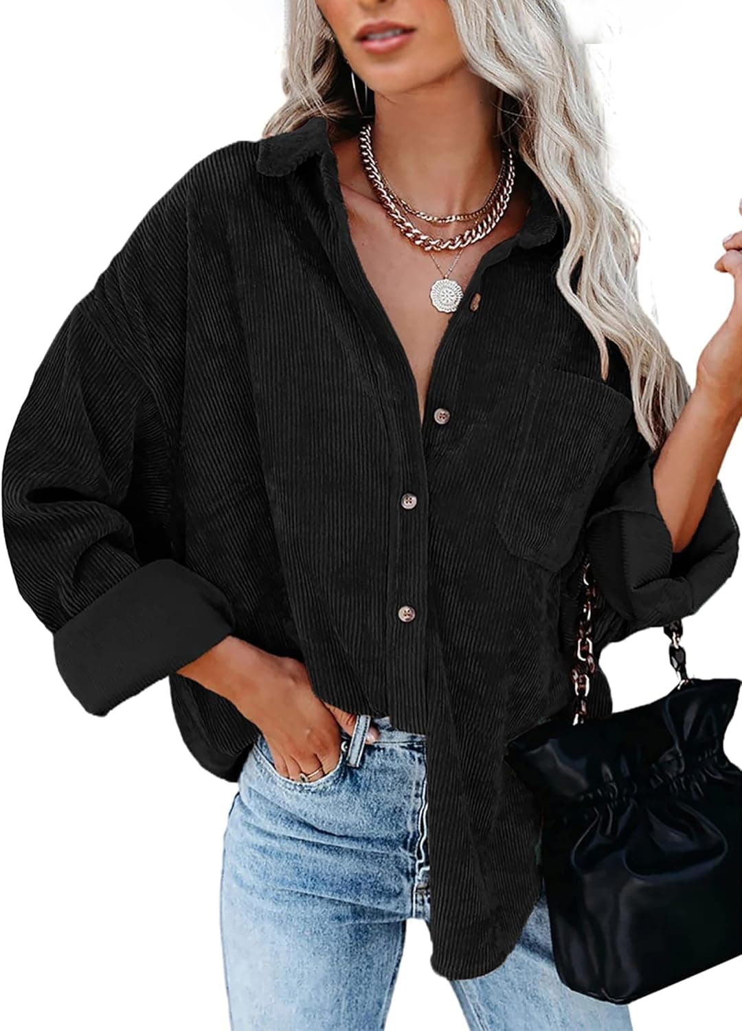 BTFBM Women Corduroy Shacket Jacket 2023 Long Sleeve Button Down Casual Plaid Flannel Shirts Boyfriend Fall Blouses Tops