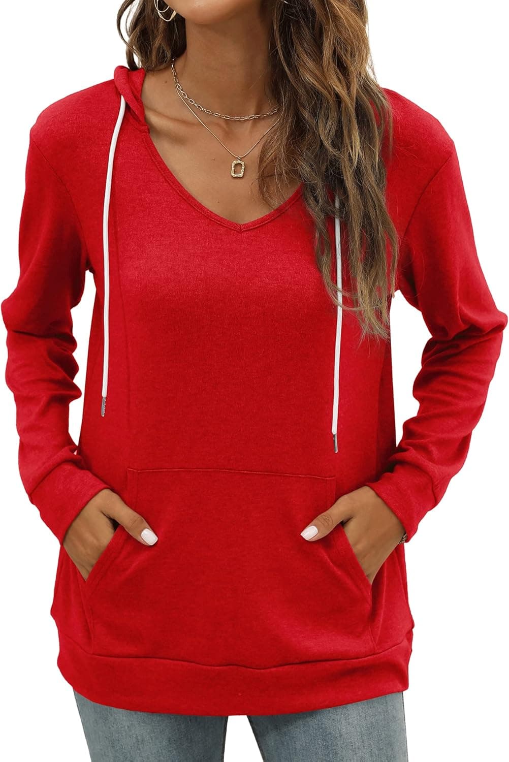 Saloogoe Kangaroo Pocket Hoodies for Womens V Neck Lightweight Sweatshirts Long Sleeve Tops