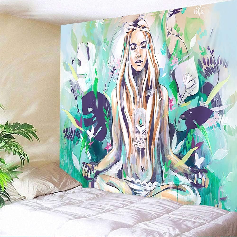 80X60, Large Size Yoga Meditation Tapestry Bohemian Girl Among Floral Background Boho Spiritual Tapestry Wall Hanging Pastel Poster Home Decor for Living Room Bedroom Wall Blanket