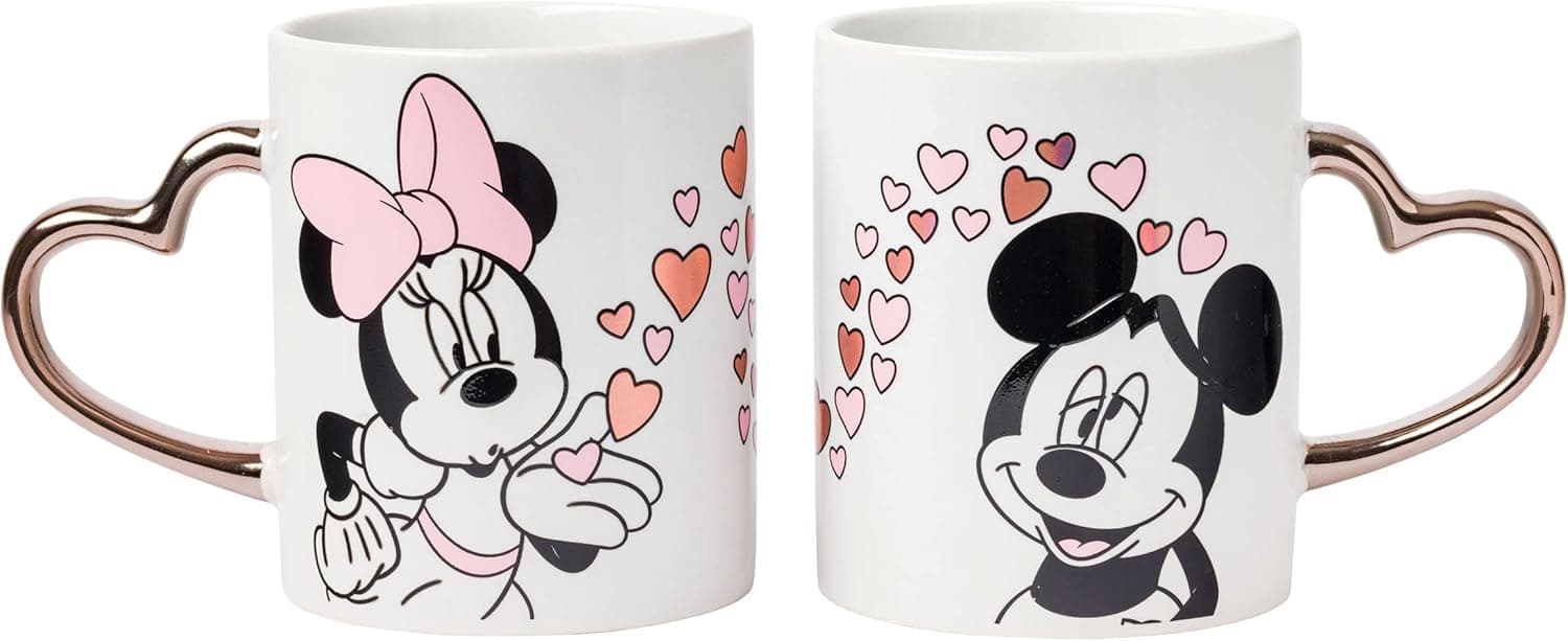 Silver Buffalo Minnie Blowing Kiss to Mickey with Hearts Gold Heart Shaped Handle 2 Pack Ceramic Mug Set, 14 Ounces