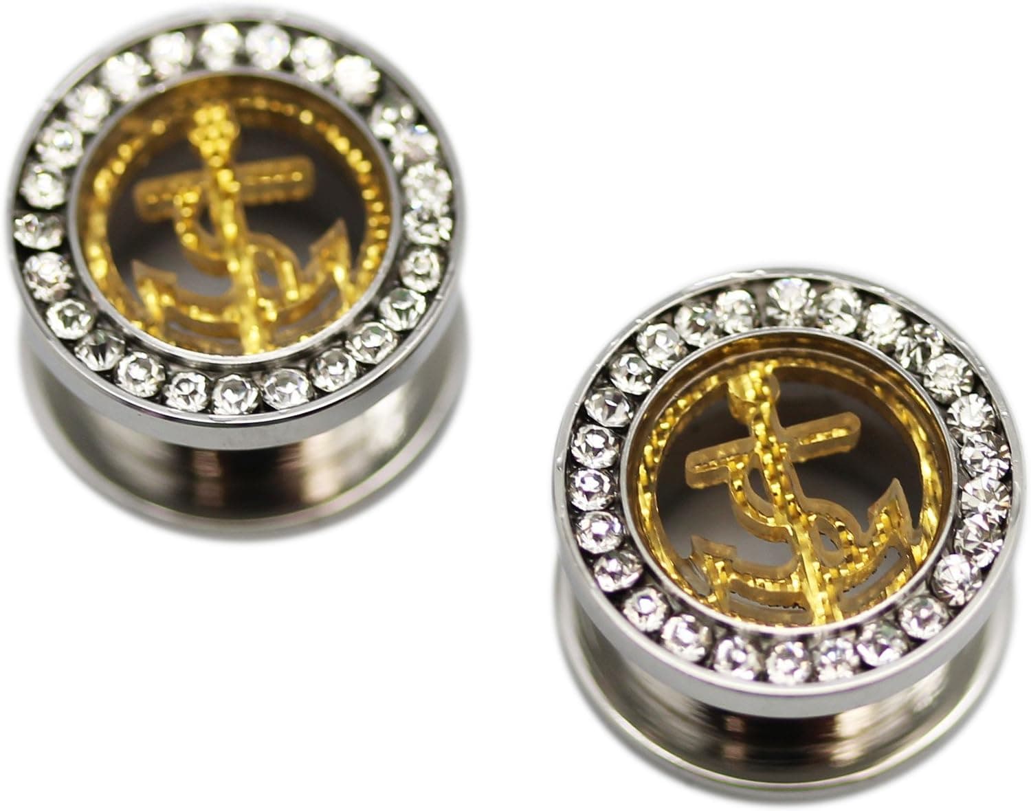 body jewelry Golden Anchor on Silver Screw on Tunnel Plug (10 mm, 00 Gauge) - 2 Piece