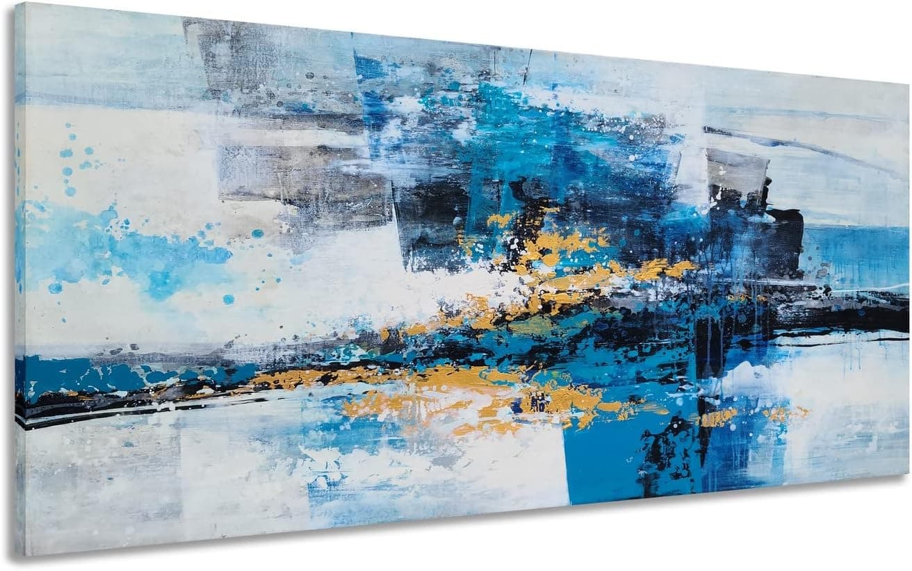 YHSKY ARTS Hand Crafted Abstract Canvas Wall Art - Modern Blue and Gold Oil Paintings - Contemporary Large Pictures for Living Room Bedroom Dinning Decor