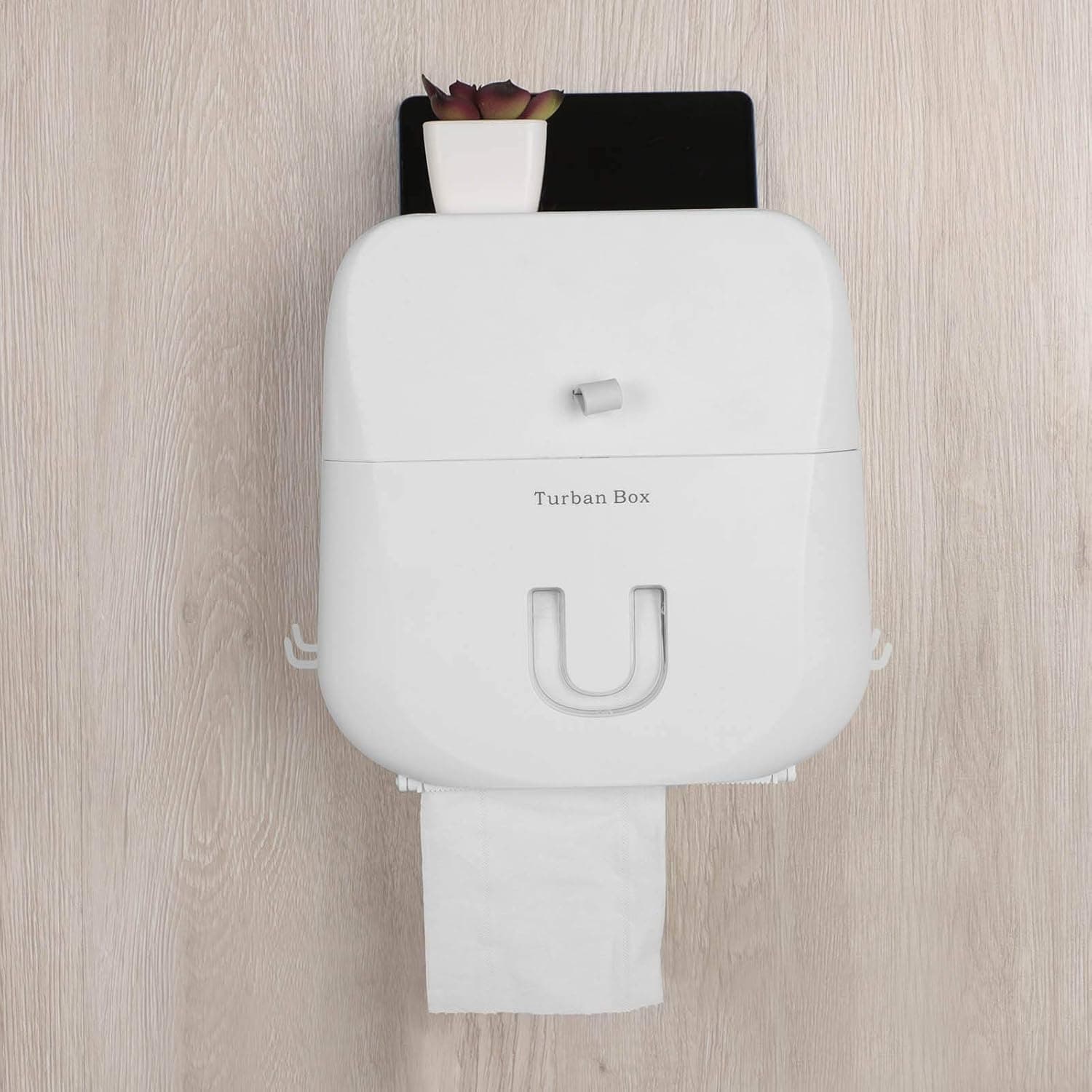 M MOKENEYE Wall-Mounted Tissue Box with Side Hooks, Self-Adhesive Toilet Paper Holder, Multifunctional Bathroom Paper Holder, Waterproof Storage Box No Drilling for Bathroom, Bedroom, Kitchen (White)