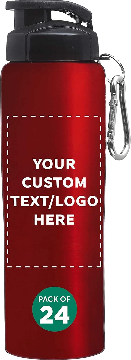 DISCOUNT PROMOS Custom Sicilia Stainless Steel Sports Bottles 27 oz. Set of 24, Personalized Bulk Pack - Non Insulated, Great for Gym, Hiking, Cycling, School - Red