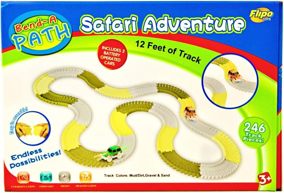 Bend A Path Safari Adventure Twist & Turn Path Playset for Kids, 2 Flashing Light up SUV - 12 Ft Track , & 1 - 4 Pack AA Batteries, Best Christmas Gifts 2017 - 246 Piece