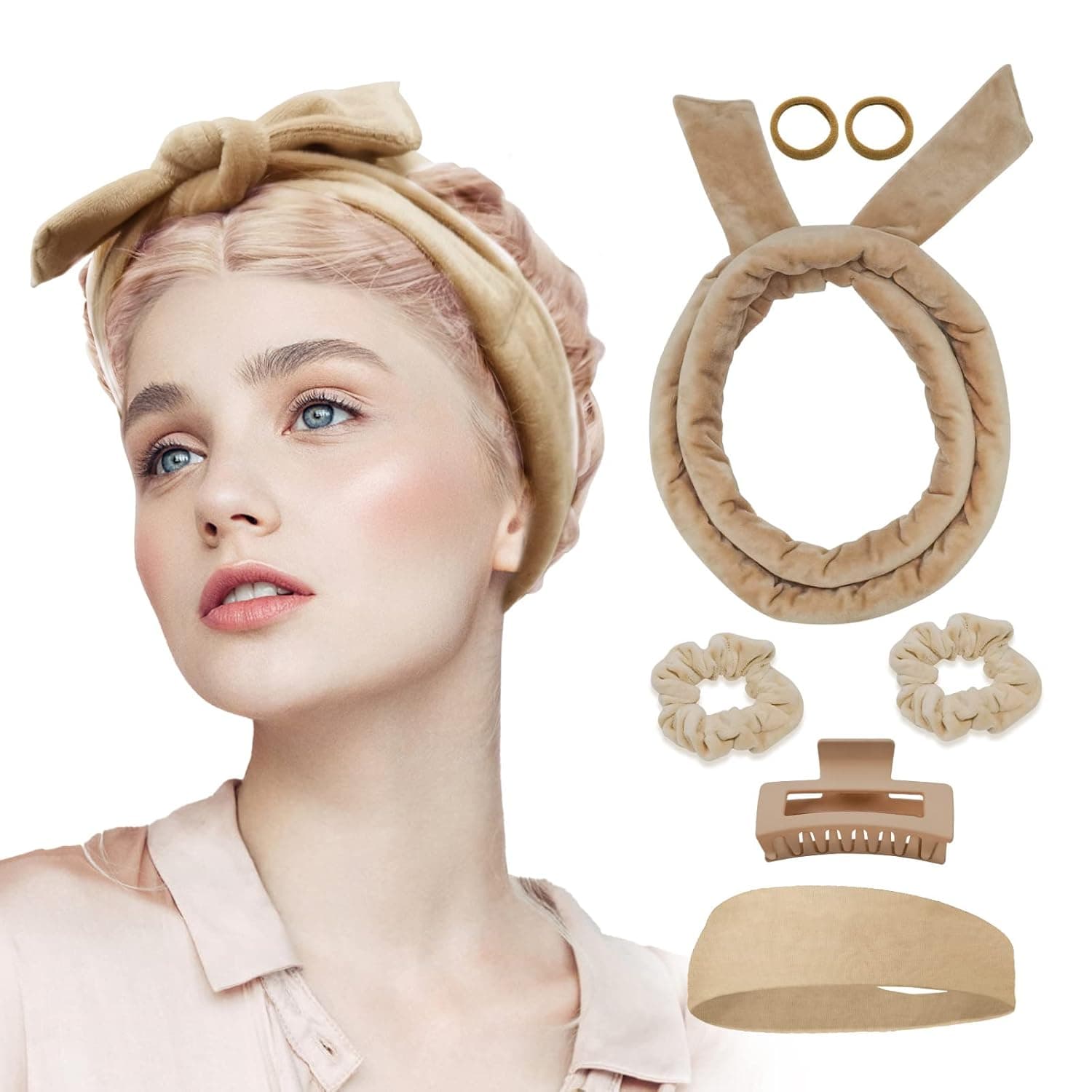 Fitifun Hair Curlers-61" Extra Long No Heat Curling Headband Hair Curlers to Sleep In, Heatless Hair Curlers for Long Hair Soft Velour Overnight Hair Curlers Heatless Curling Set(Beige)