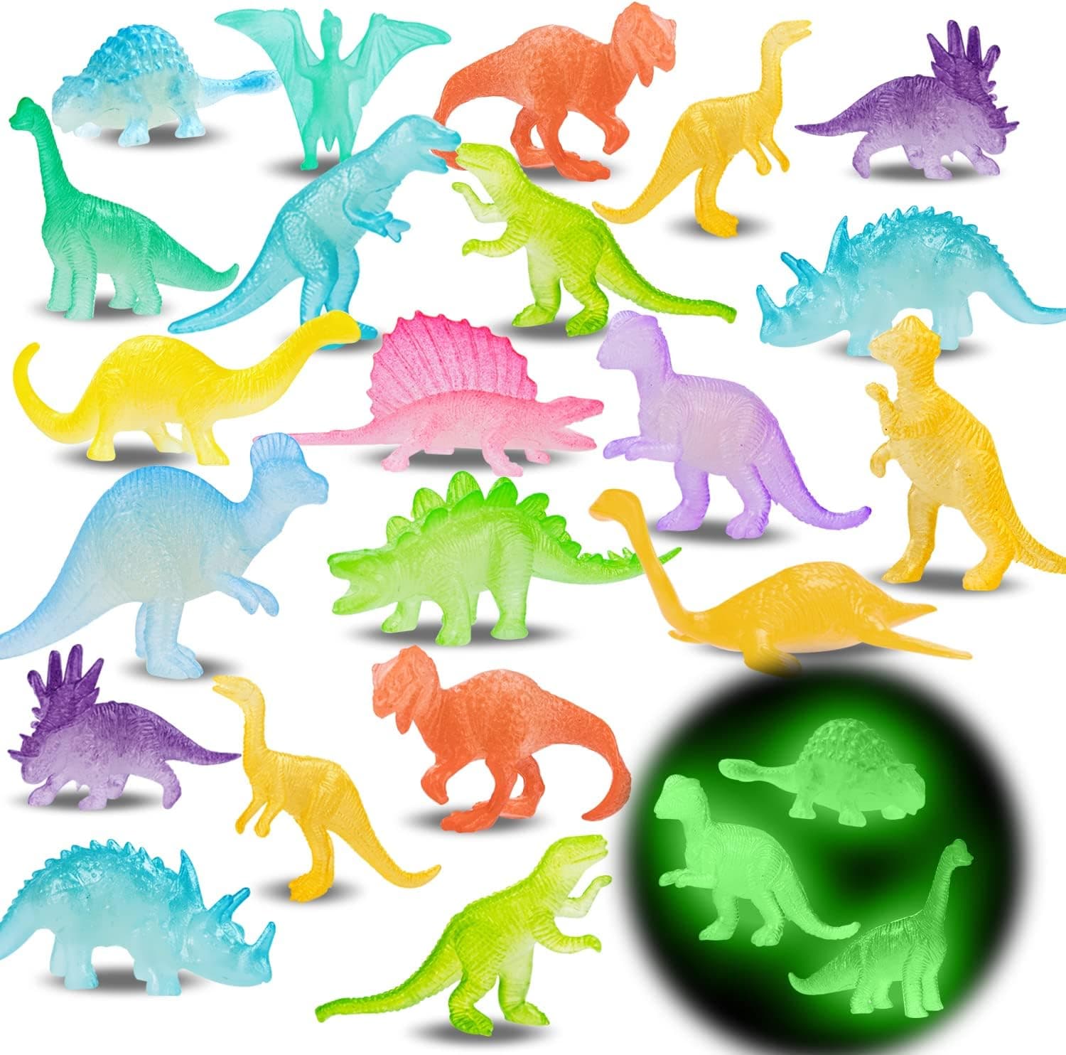 Dinosaur Toys 32 PCS Glow in Dark Mini Dino Figures Birthday Party Favors Supplies Pinata Goody Fillers Goodie Bag Stuffers Bulk Cake Toppers Treasure Box Classroom Class Prizes Kid Boy Girl Gifts