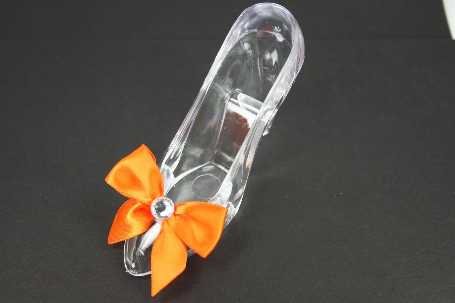 Set of 2 Princess Acrylic Clear Slipper Cake Topper, Party Favor with Satin Bow Choose Color (ORANGE BOW)