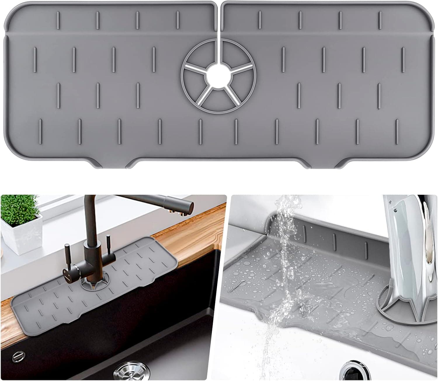 Premium Silicone Soap Holder for Bathroom Kitchen Self Draining Sink Draining Pad Behind Faucet Drip Protector Splash Countertop Sink Caddy Organizer for Dish Soap (Grey)