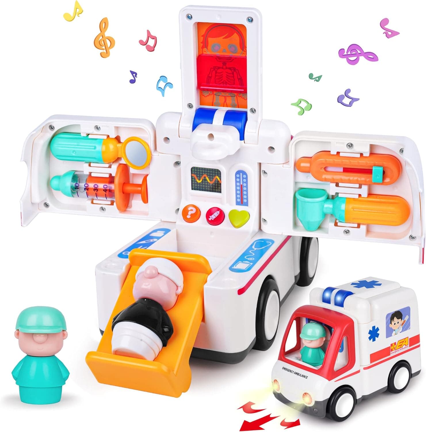 iPlay, iLearn Toddler Musical Ambulance Vehicle Toys Set, Pretend Play Kids Doctor Kits, Medical Tool Playset, Electronic Emergency Rescue Car W/ 2 Figurines, Birthday Gift for 3 4 5 Year Old Girl Boy