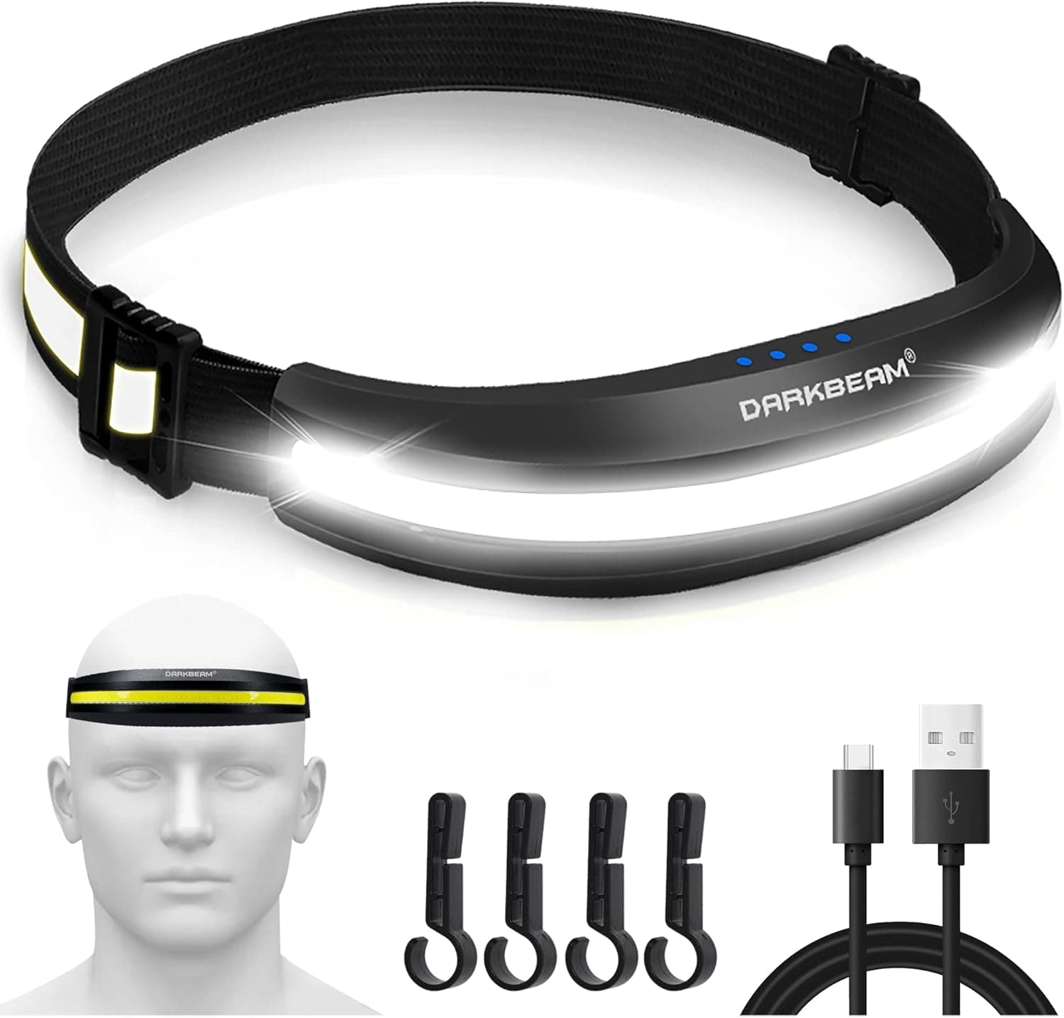 DARKBEAM Headlamp USB - C Rechargeable COB Bright Hard Hat Light, LED Flashlight with Red Light Headlight - Head Lamp Floodlight 230° Wide Beam - Car Maintenance, Construction Work, Fishing, with Clip