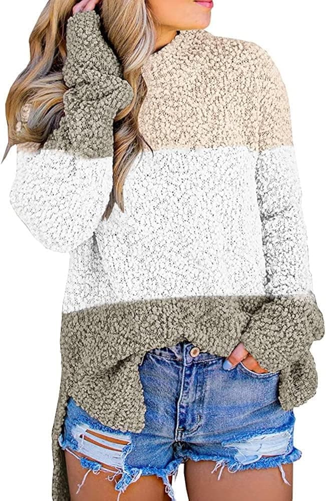 Imily Bela Womens Fuzzy Knitted Sweater Sherpa Fleece Side Slit Full Sleeve Jumper Outwears